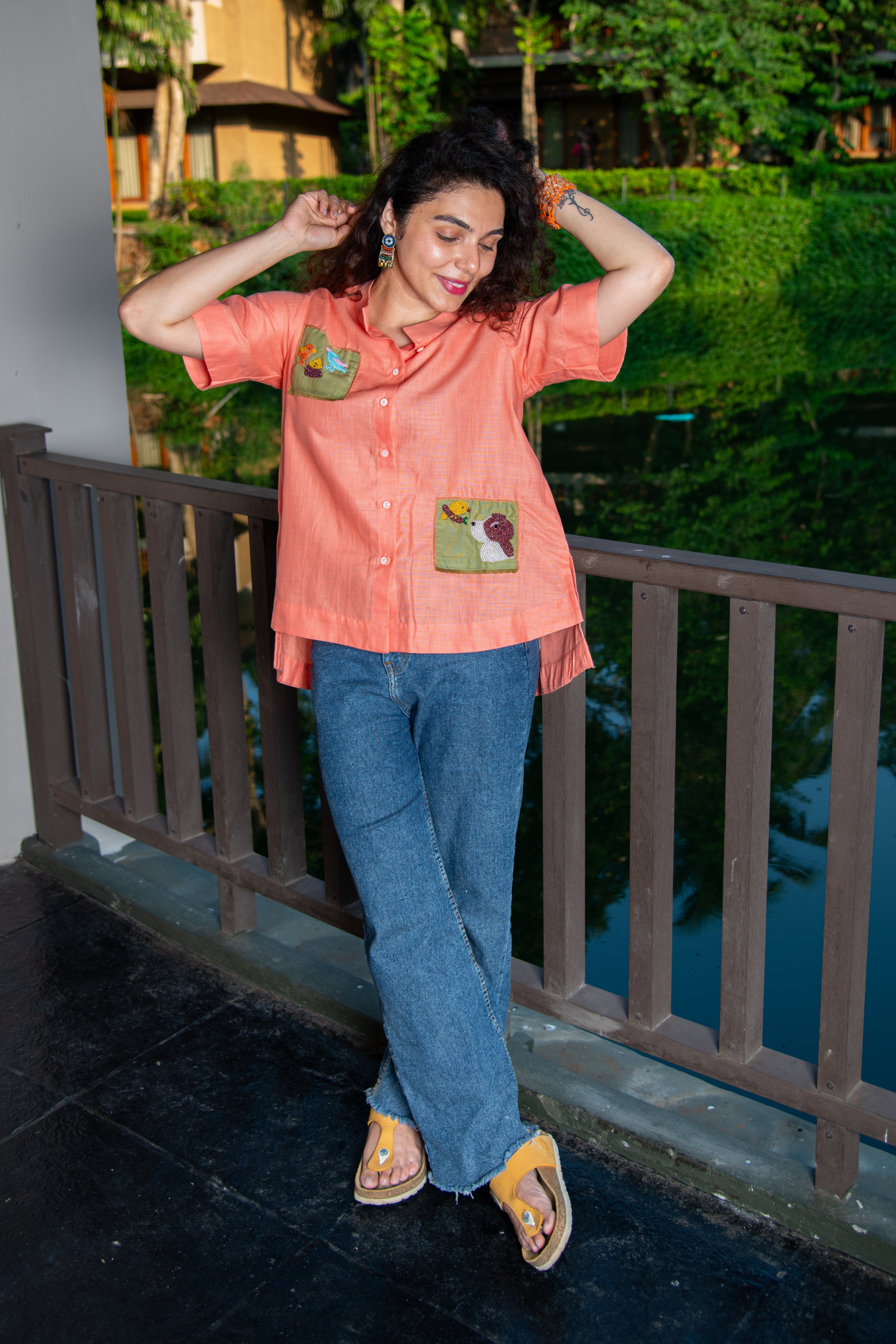 Coral Haze Cotton Shirt with Puppy Embroidery