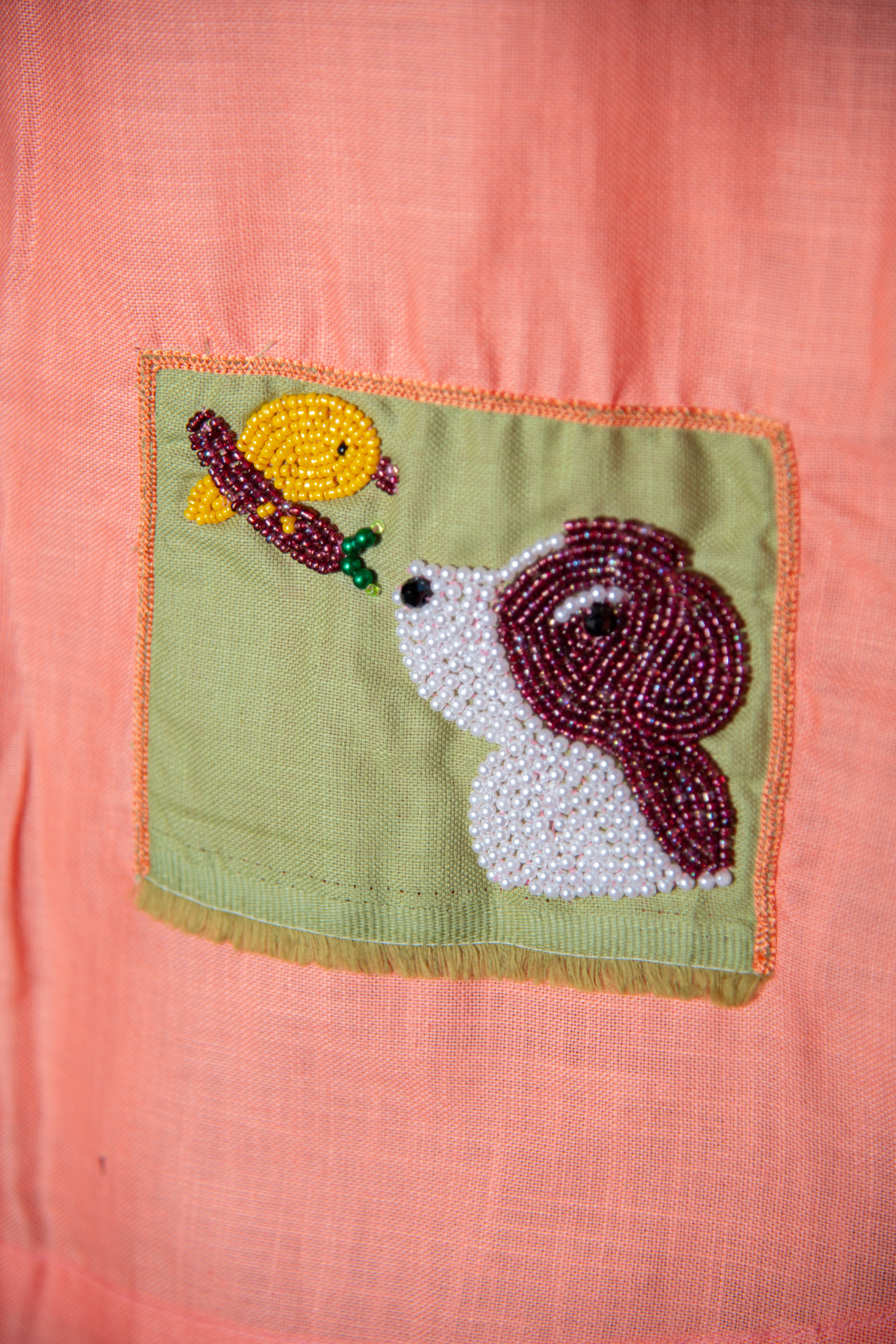 Coral Haze Cotton Shirt with Puppy Embroidery