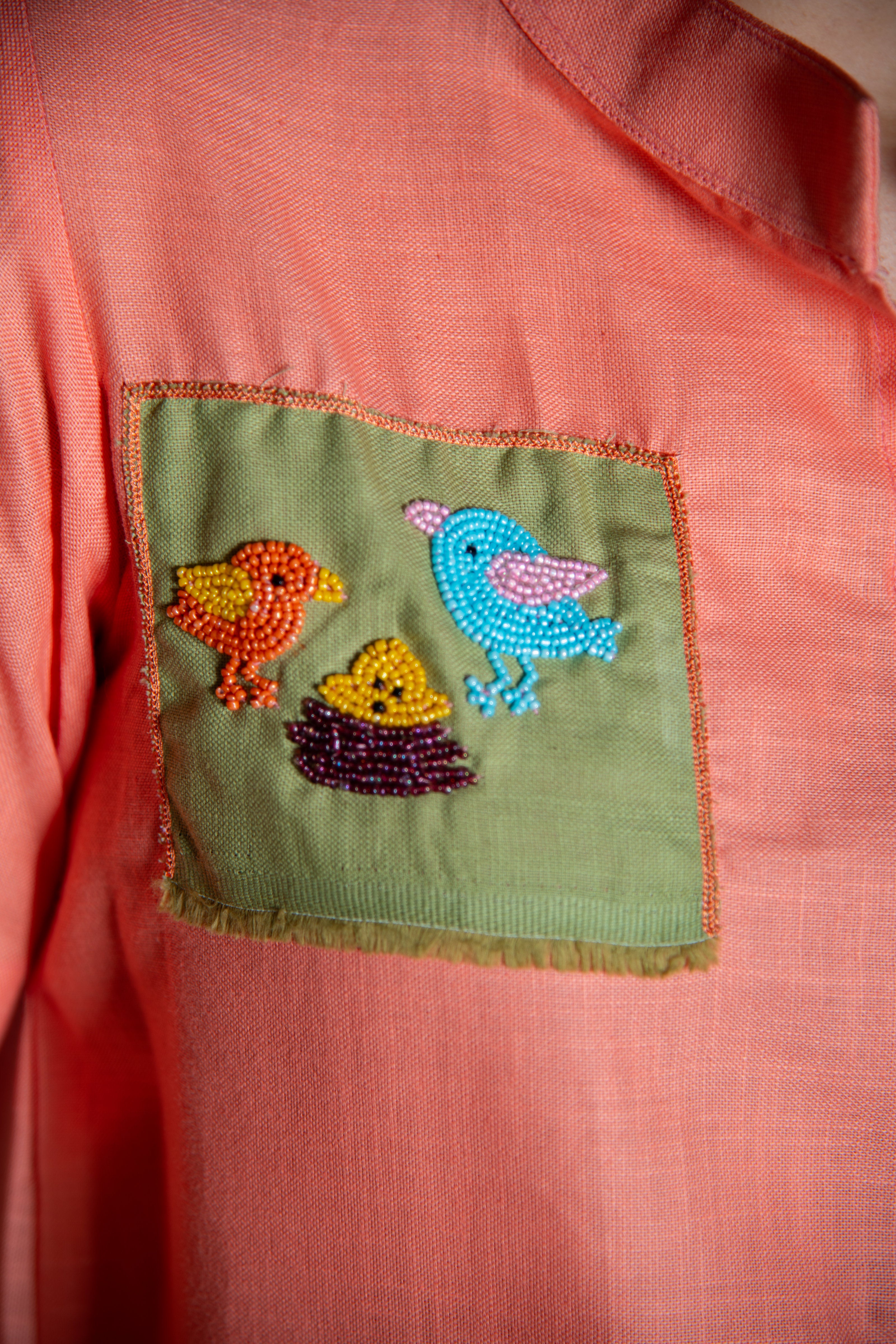 Coral Haze Cotton Shirt with Puppy Embroidery