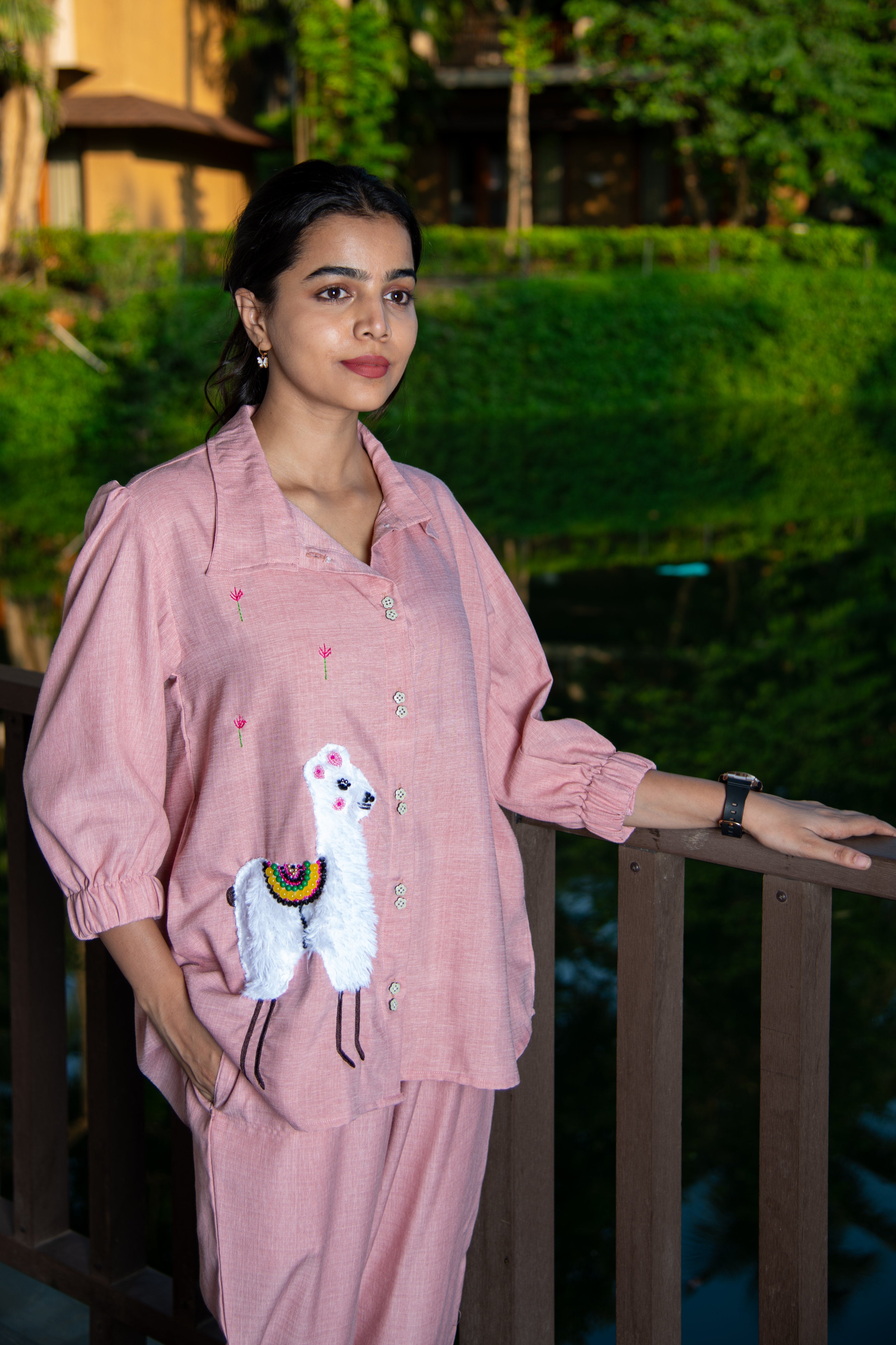 Pink Cotton Co-Ord with Lama Embroidery - Label Xari