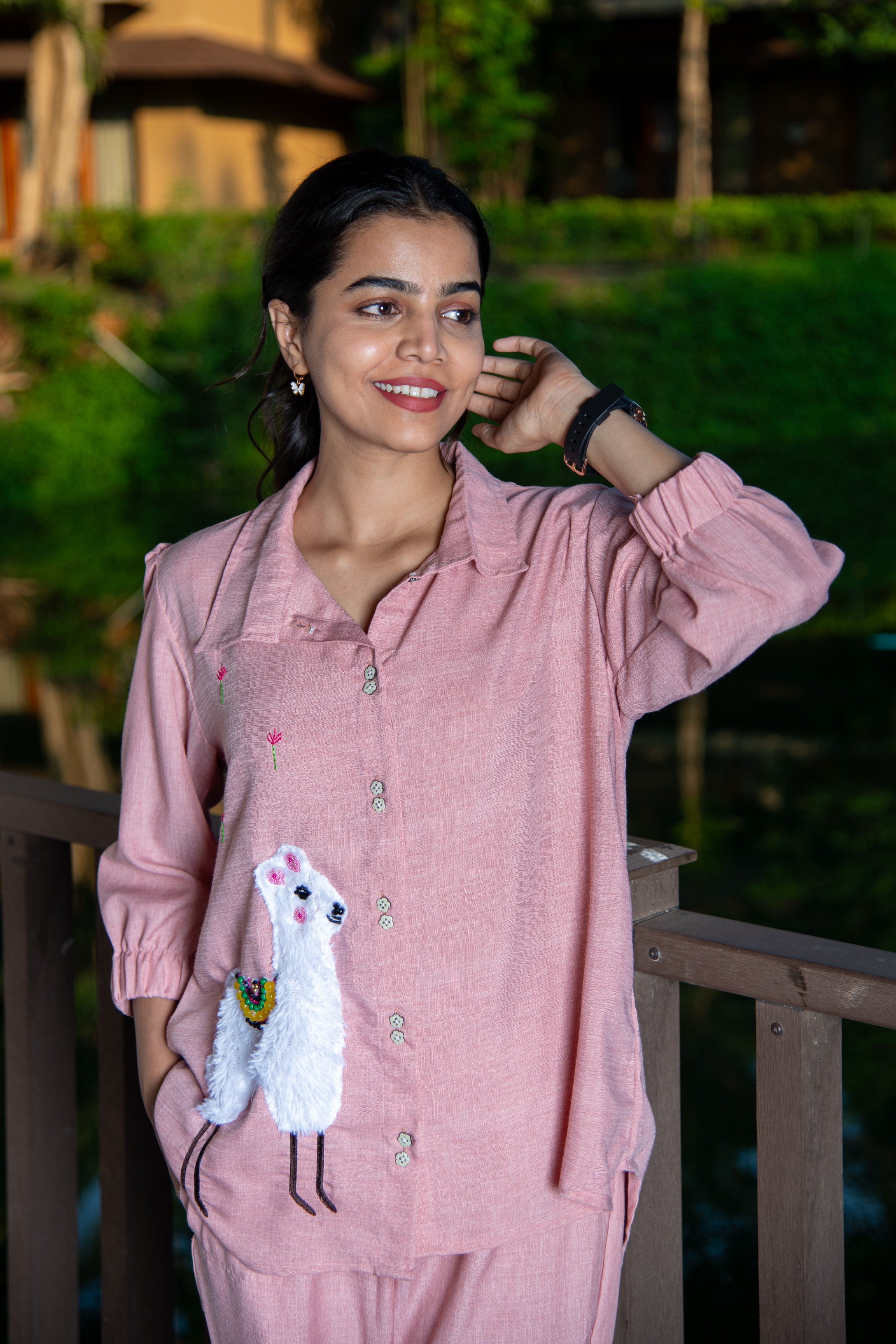 Pink Cotton Co-Ord with Lama Embroidery - Label Xari