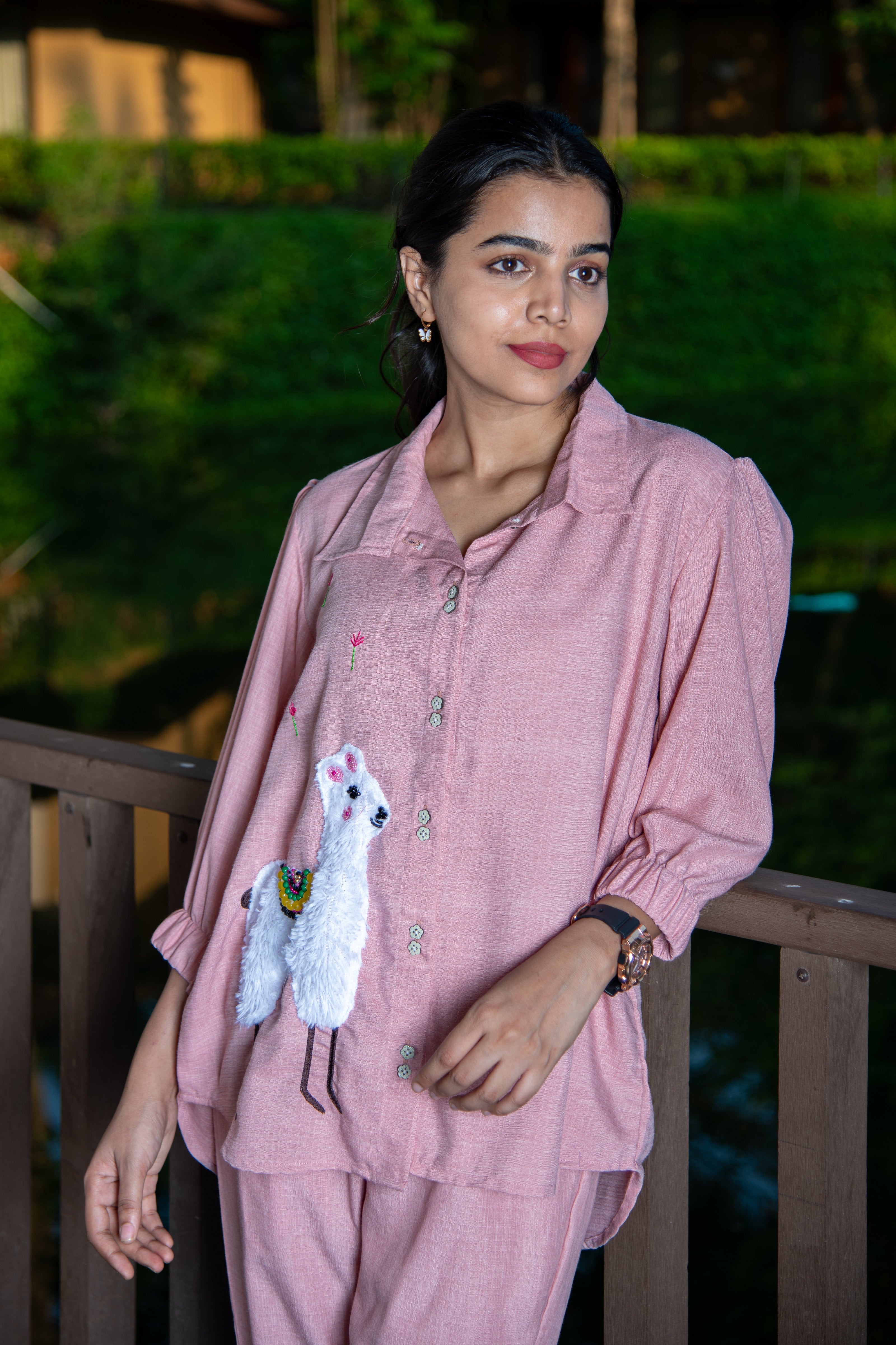 Pink Cotton Co-Ord with Lama Embroidery - Label Xari