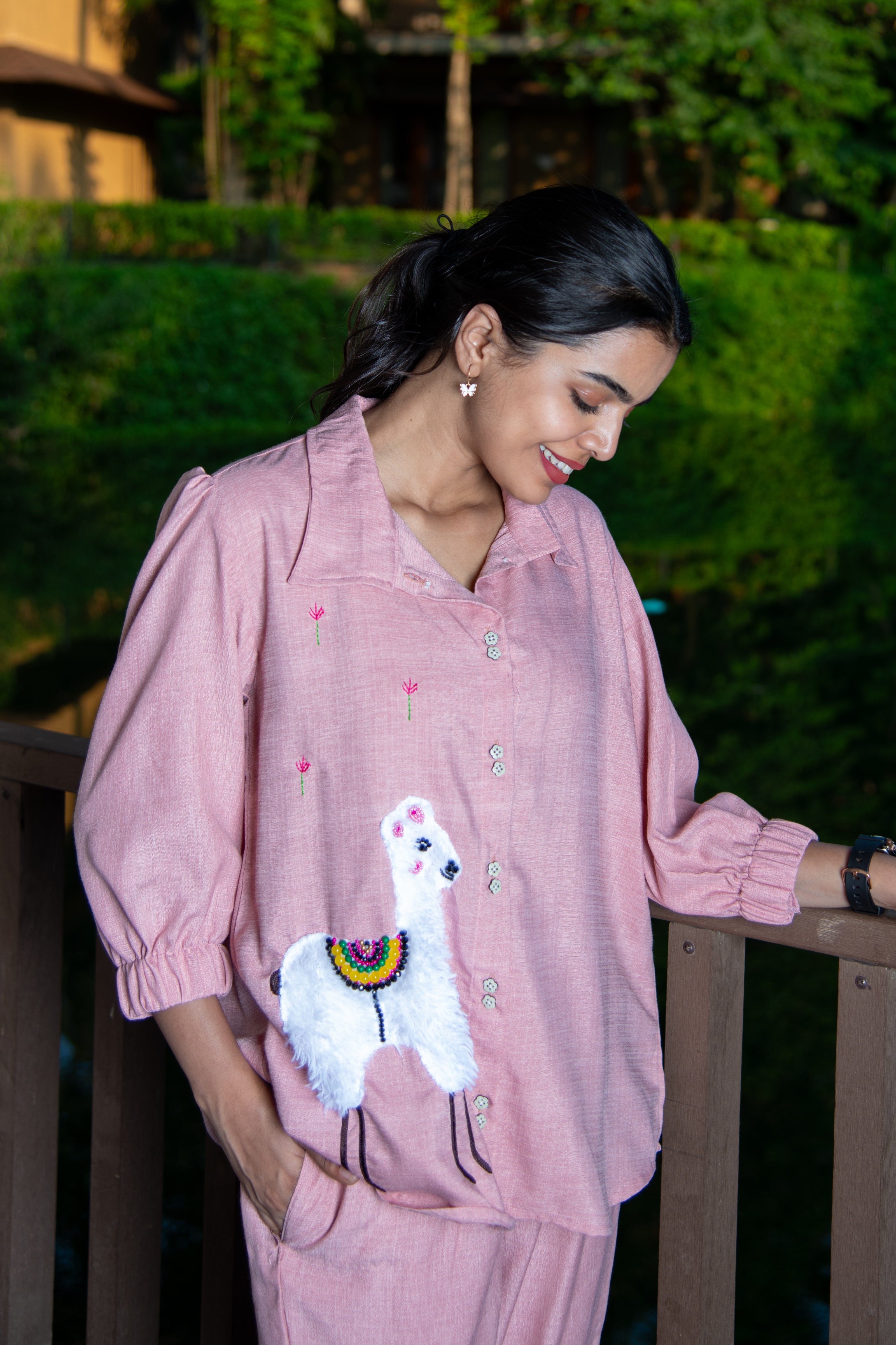 Pink Cotton Co-Ord with Lama Embroidery - Label Xari