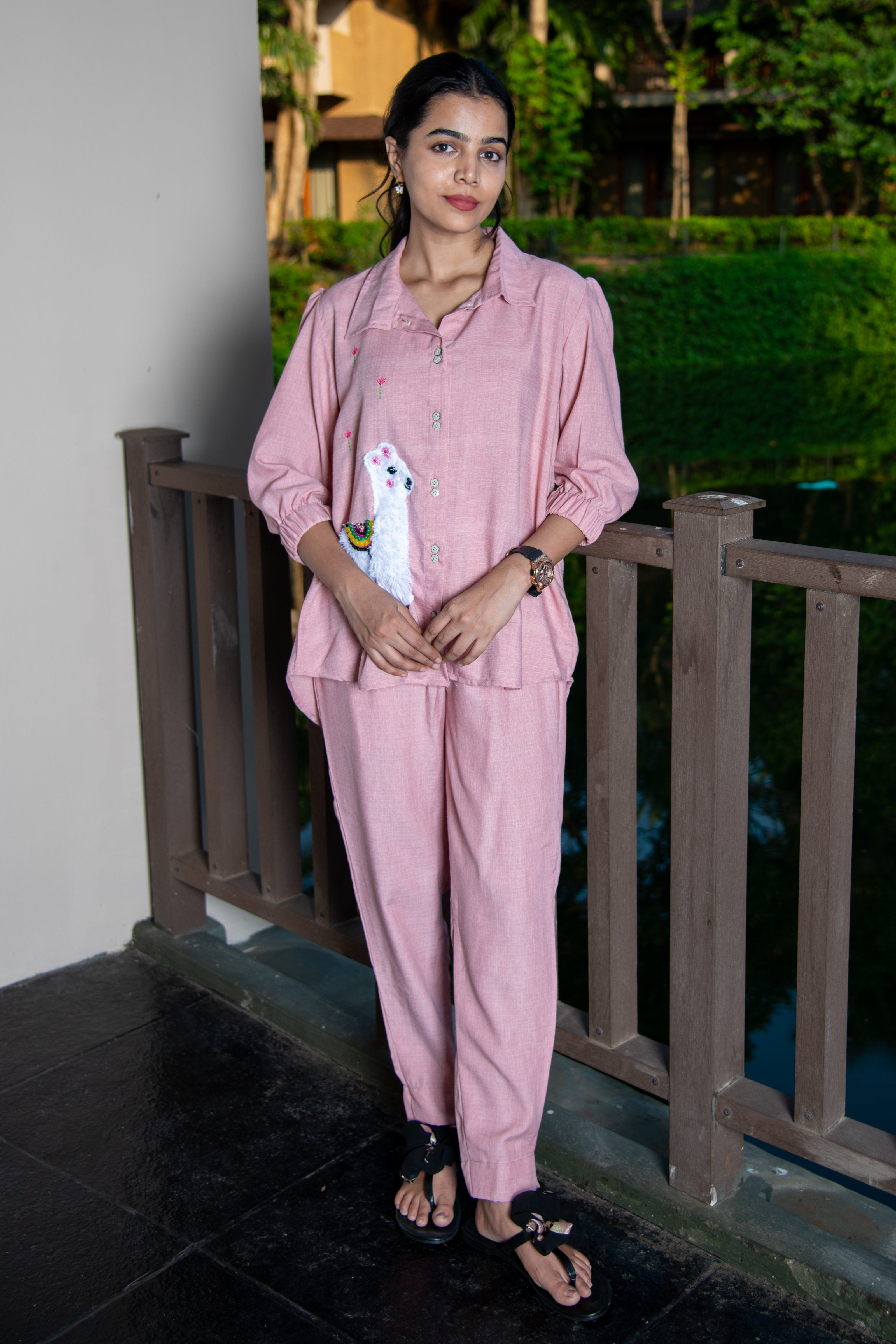 Pink Cotton Co-Ord with Lama Embroidery - Label Xari