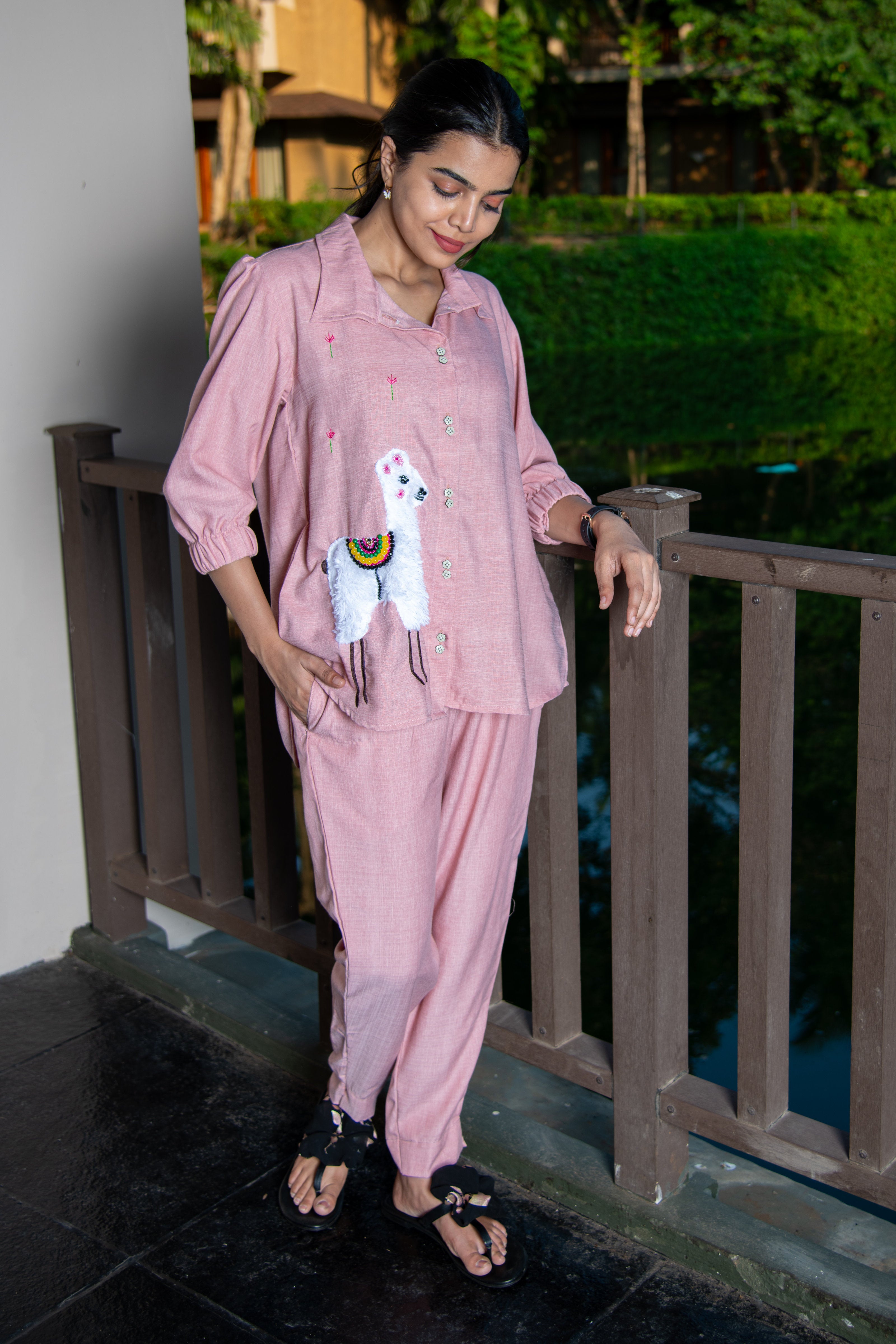 Pink Cotton Co-Ord with Lama Embroidery - Label Xari