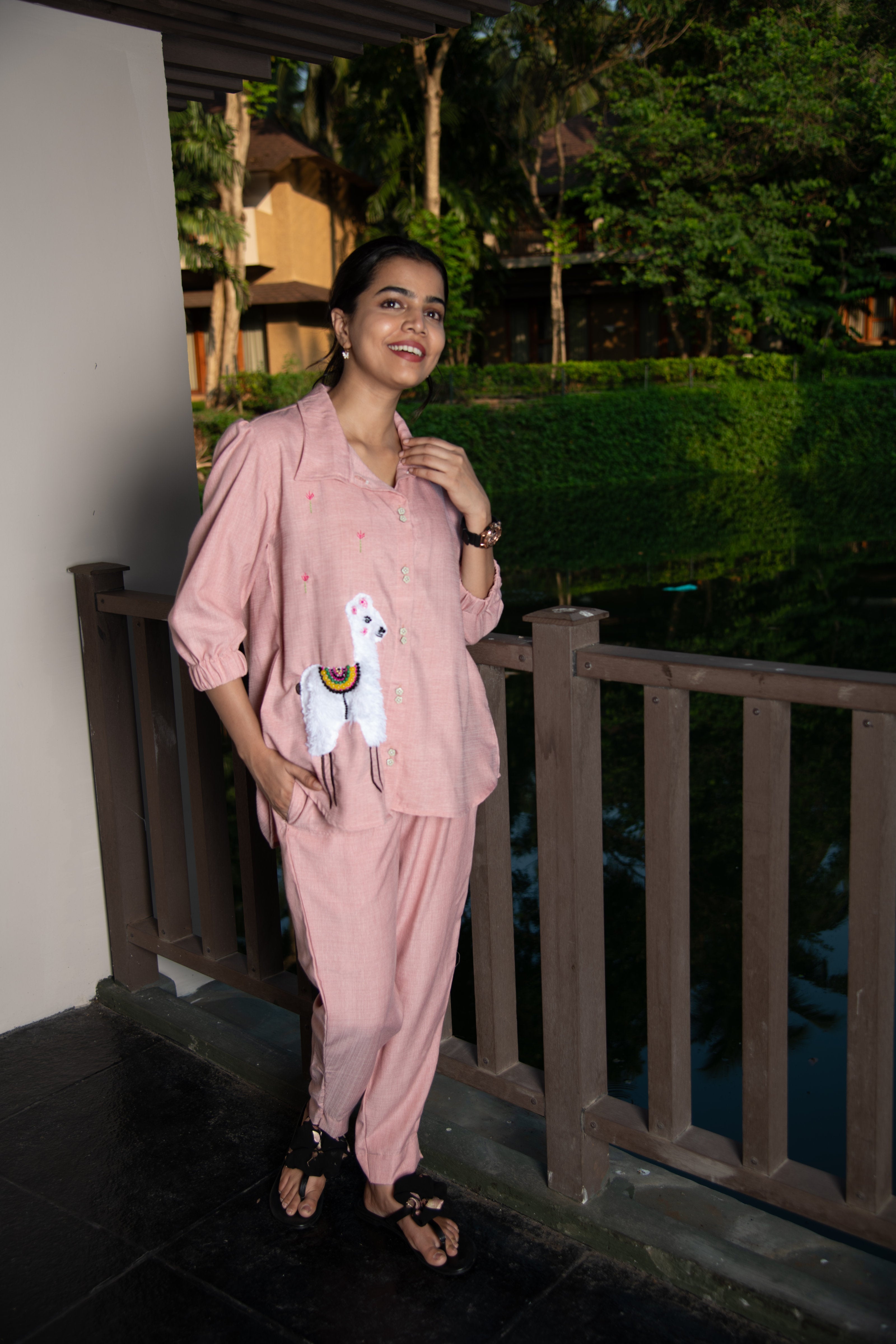 Pink Cotton Co-Ord with Lama Embroidery - Label Xari
