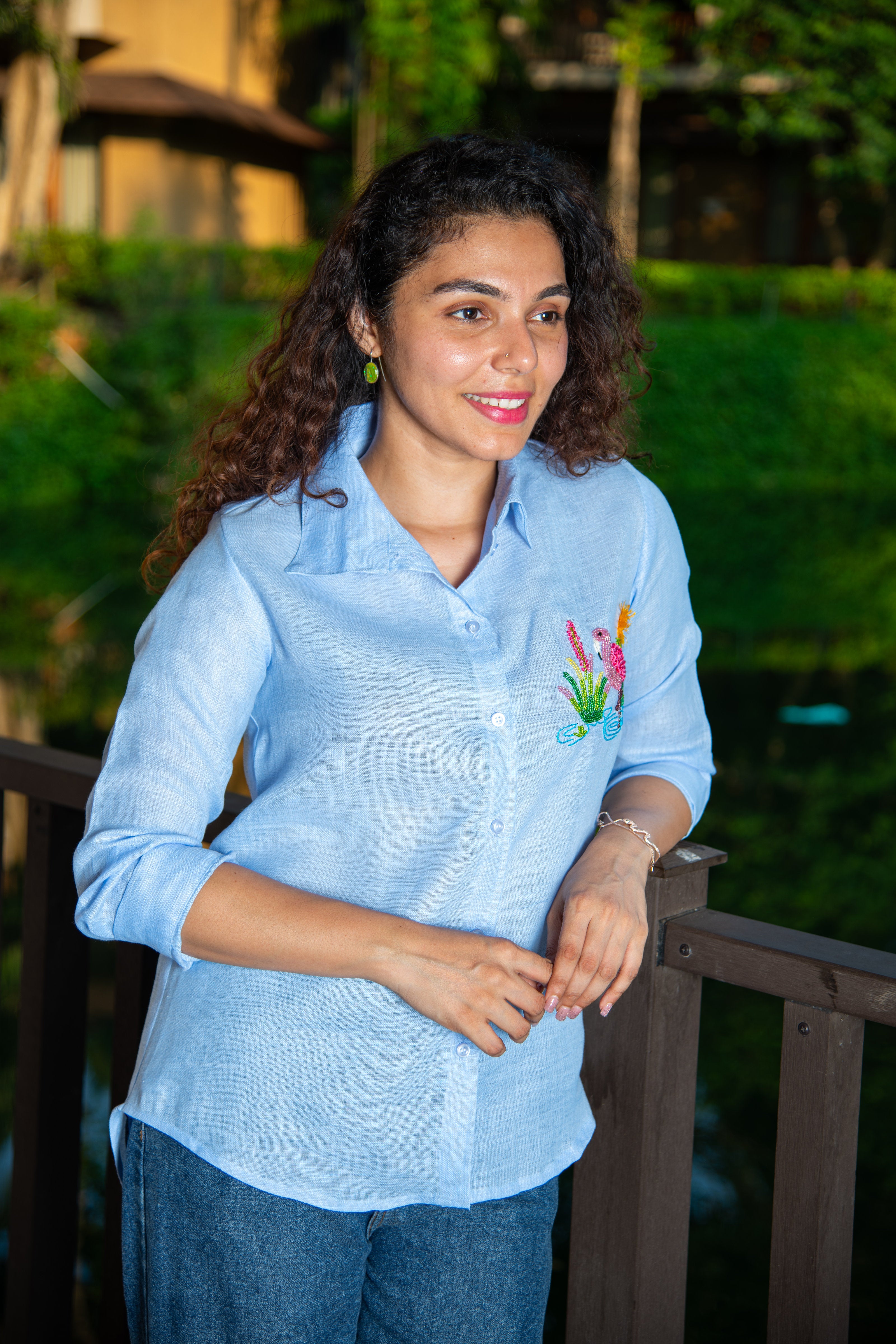 Blue Cotton Linen Shirt with Flamingo Embroidery