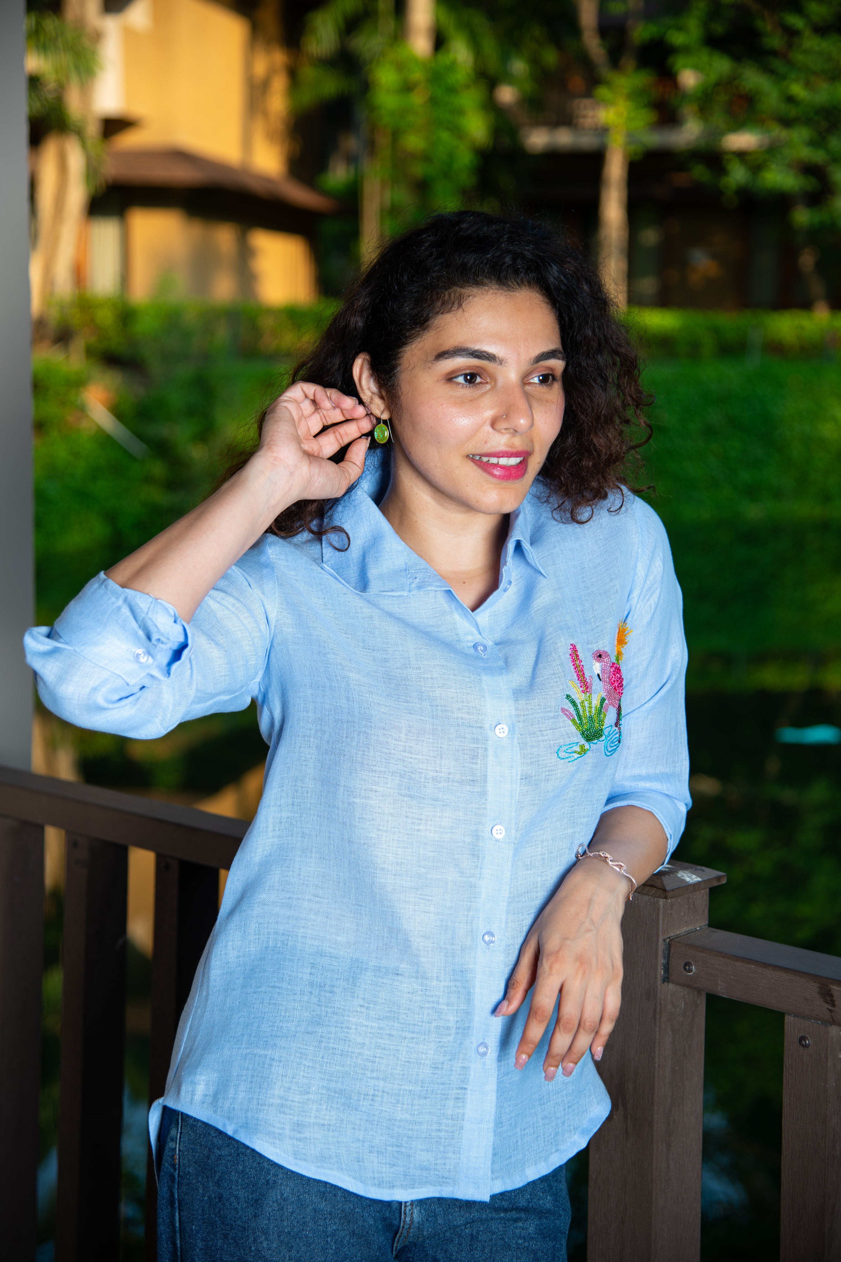 Blue Cotton Linen Shirt with Flamingo Embroidery
