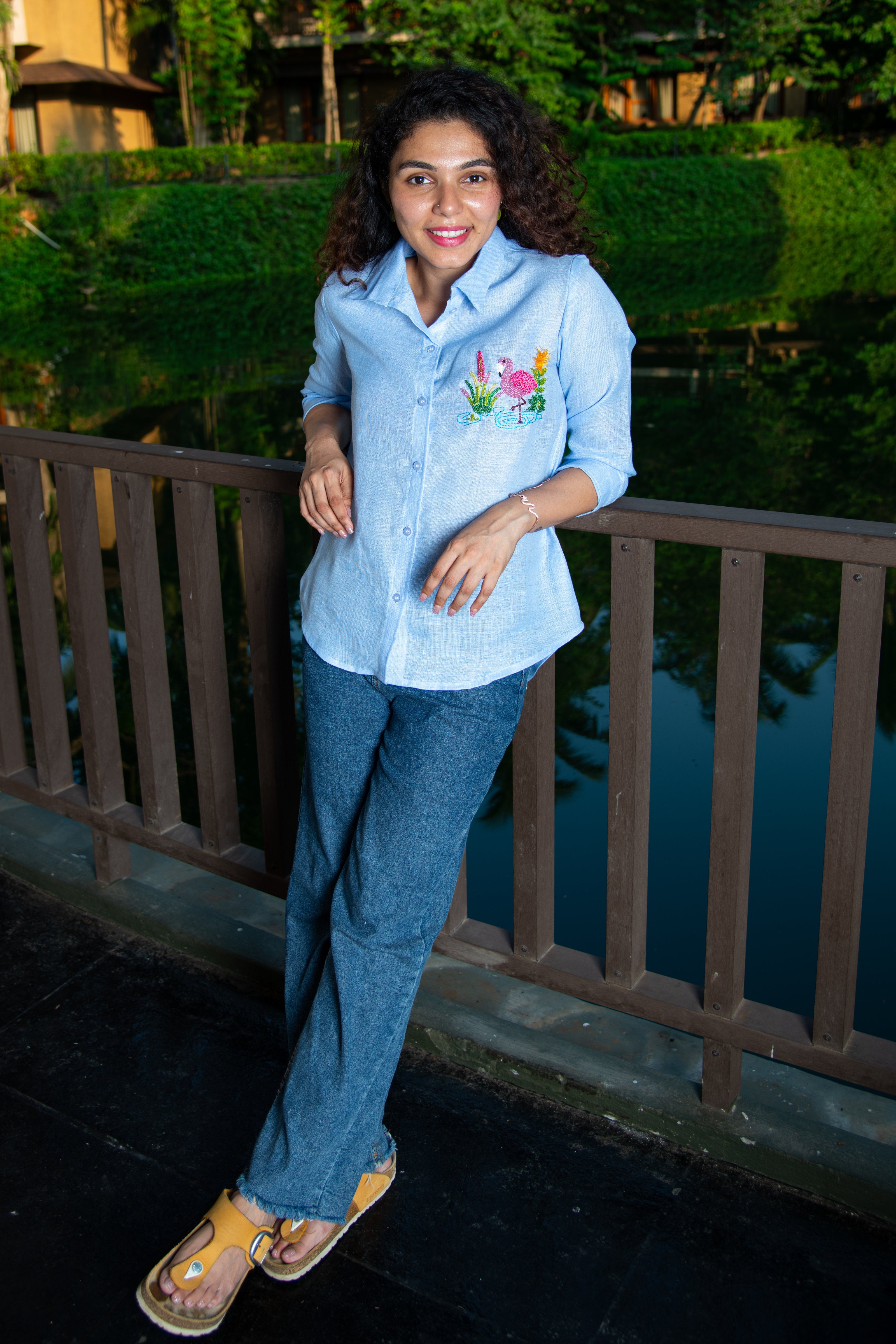 Blue Cotton Linen Shirt with Flamingo Embroidery