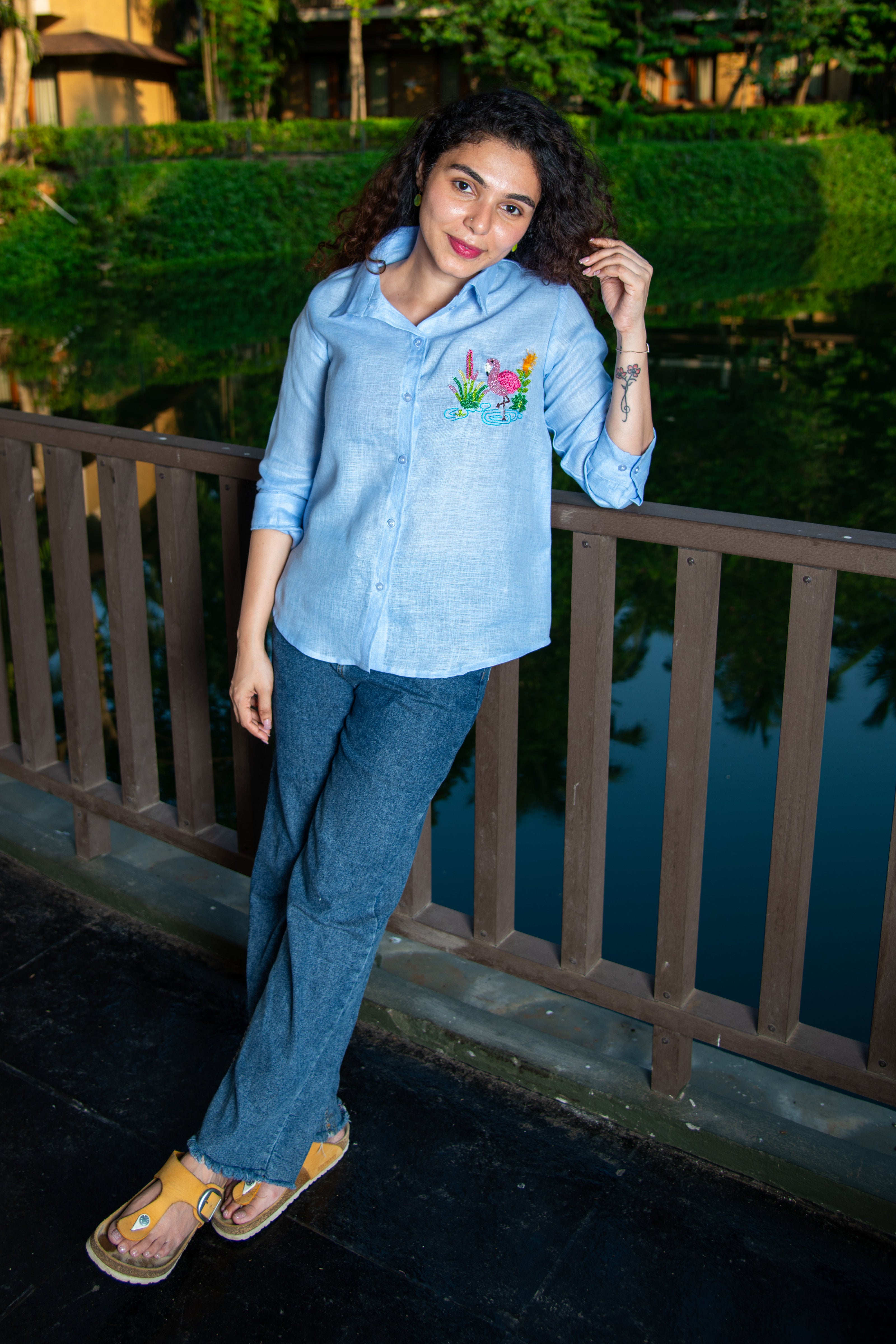 Blue Cotton Linen Shirt with Flamingo Embroidery