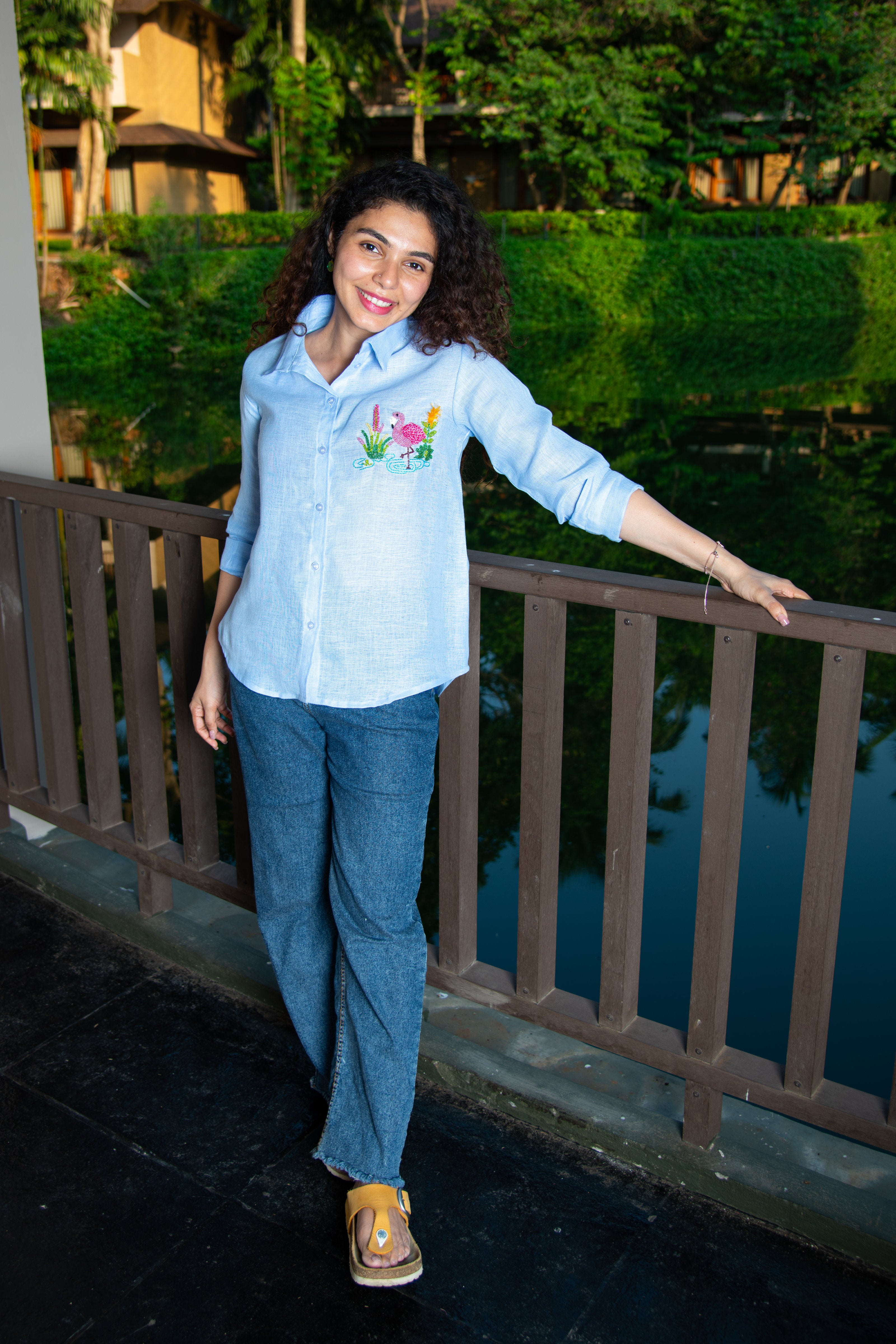 Blue Cotton Linen Shirt with Flamingo Embroidery