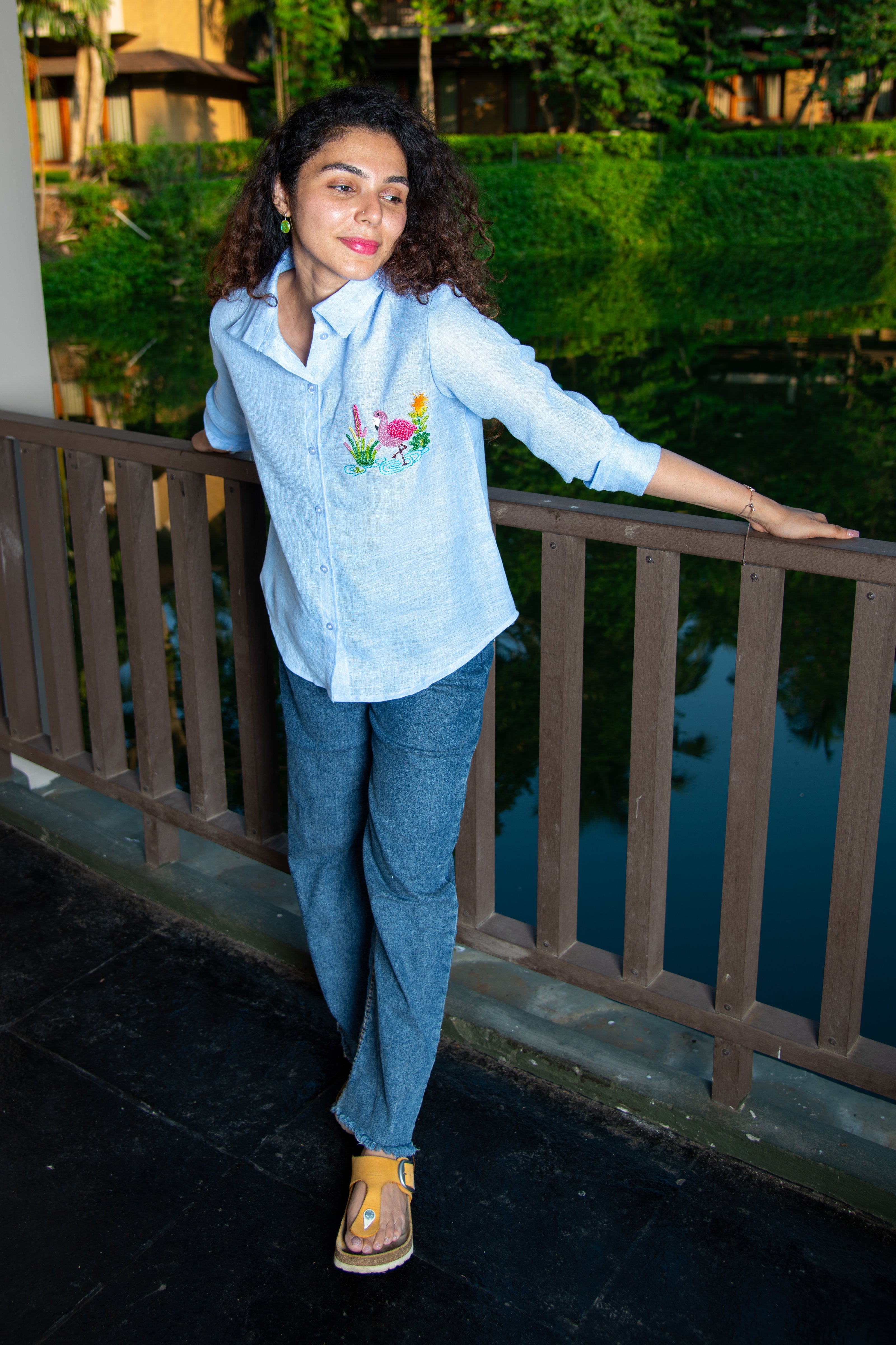 Blue Cotton Linen Shirt with Flamingo Embroidery