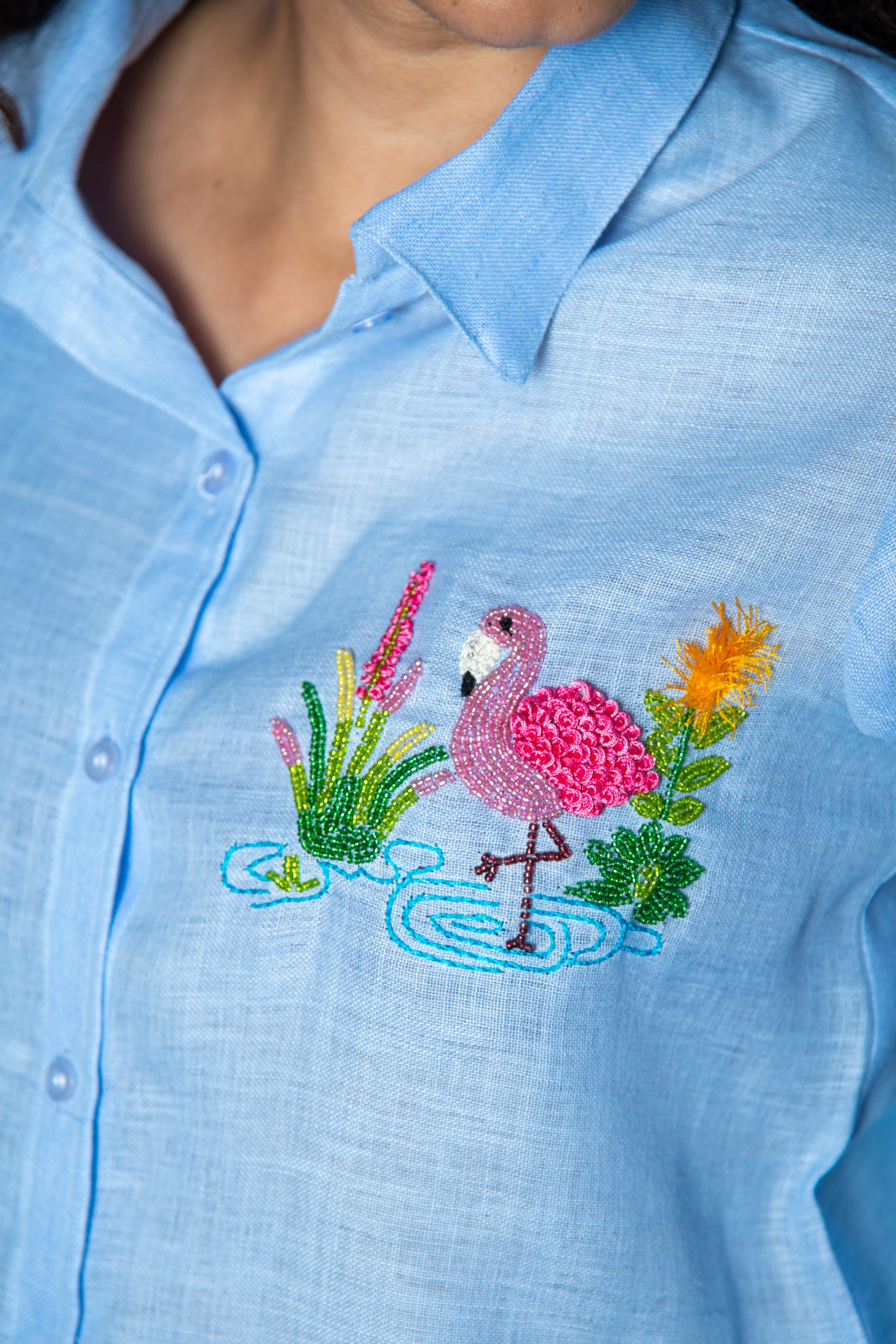 Blue Cotton Linen Shirt with Flamingo Embroidery