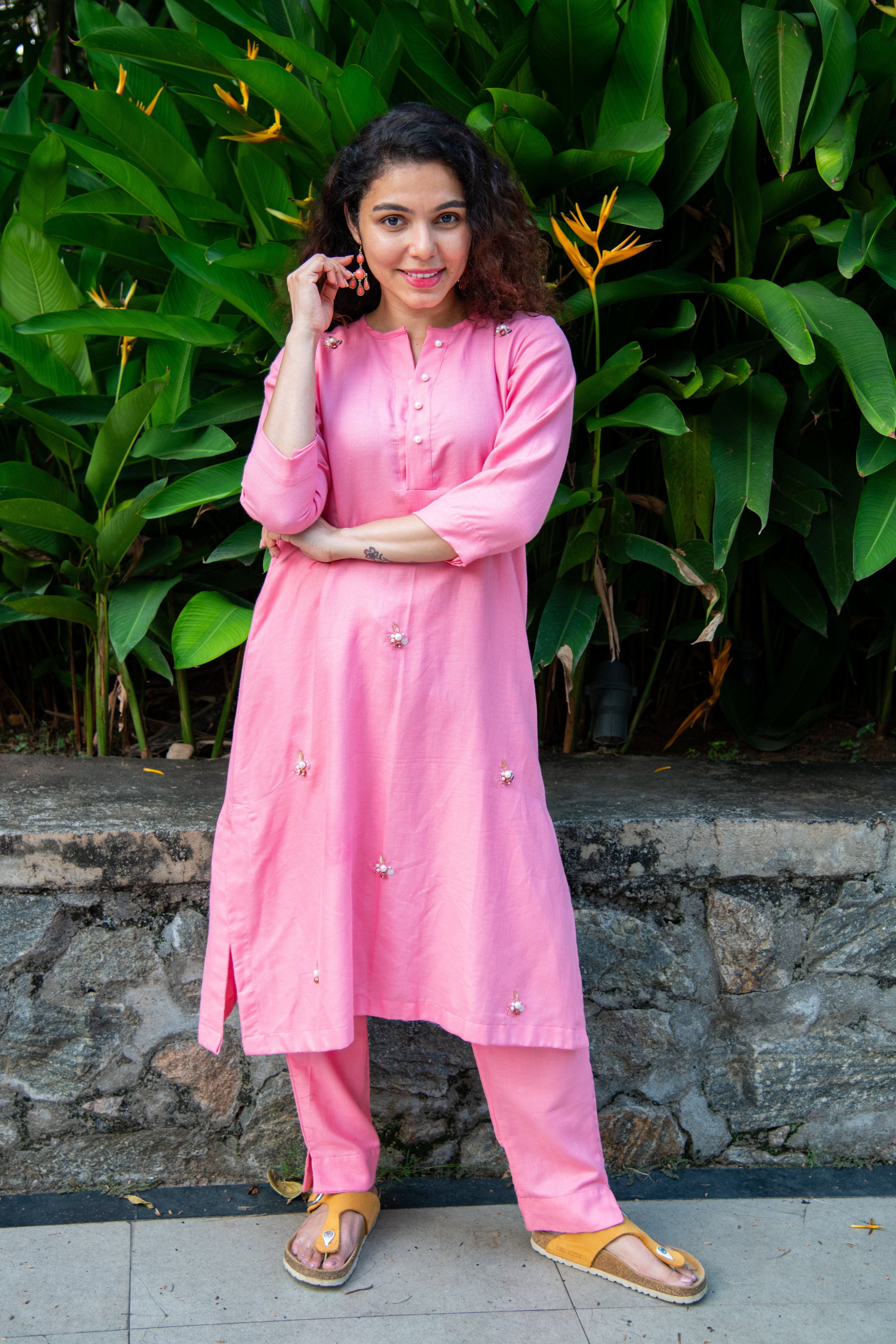 Pink Cotton Co-Ord Kurta with Floral Embroidery