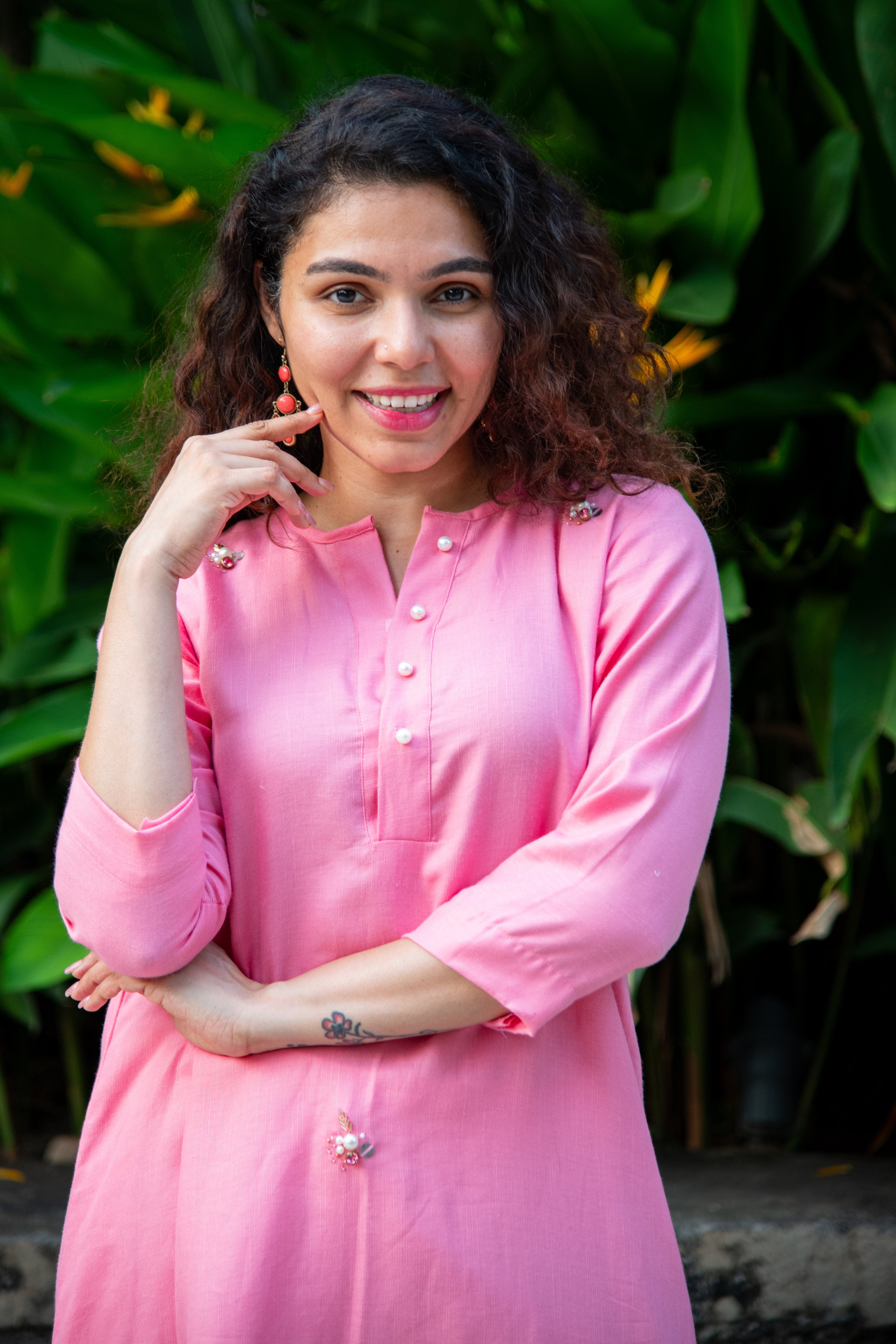 Pink Cotton Co-Ord Kurta with Floral Embroidery