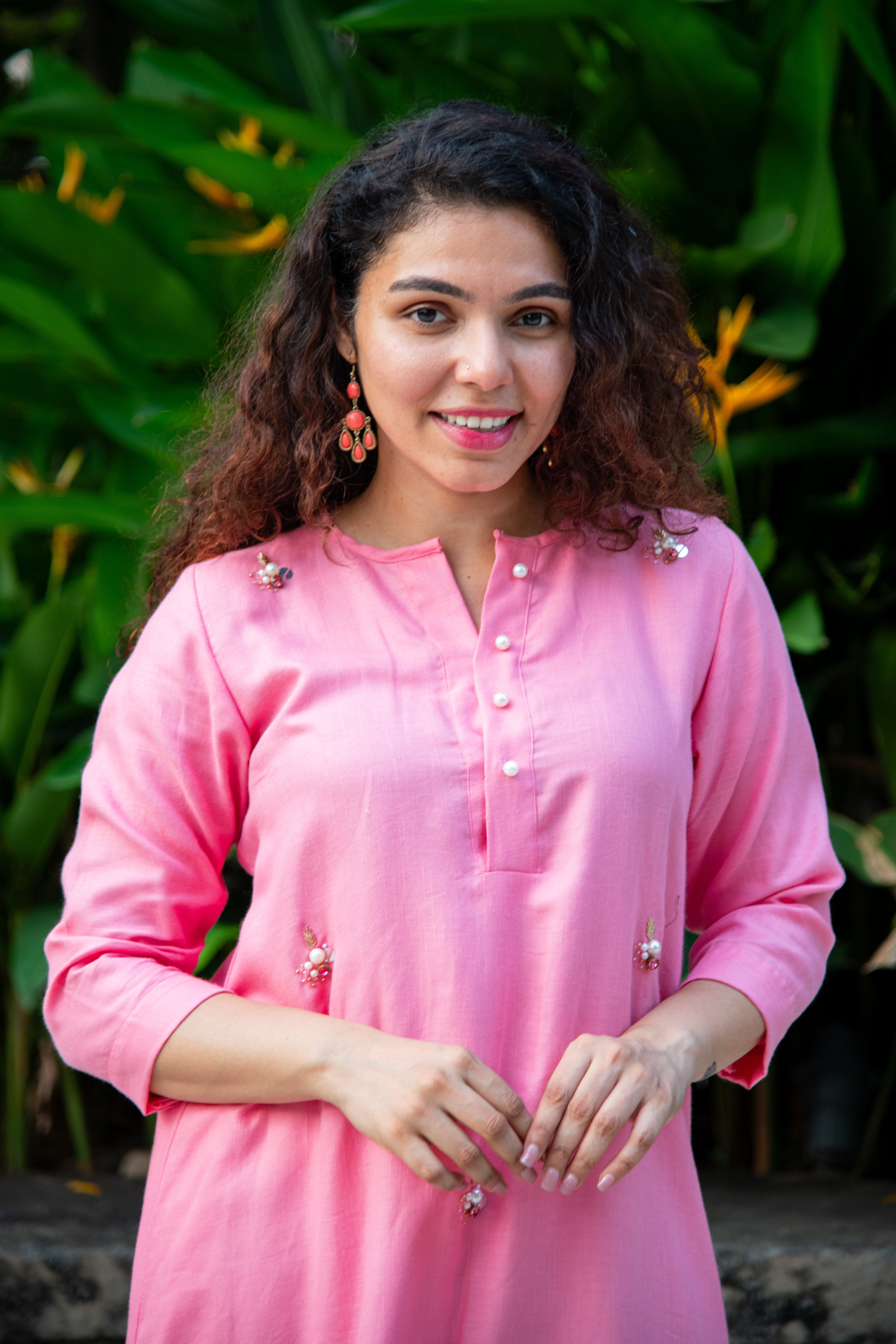 Pink Cotton Co-Ord Kurta with Floral Embroidery