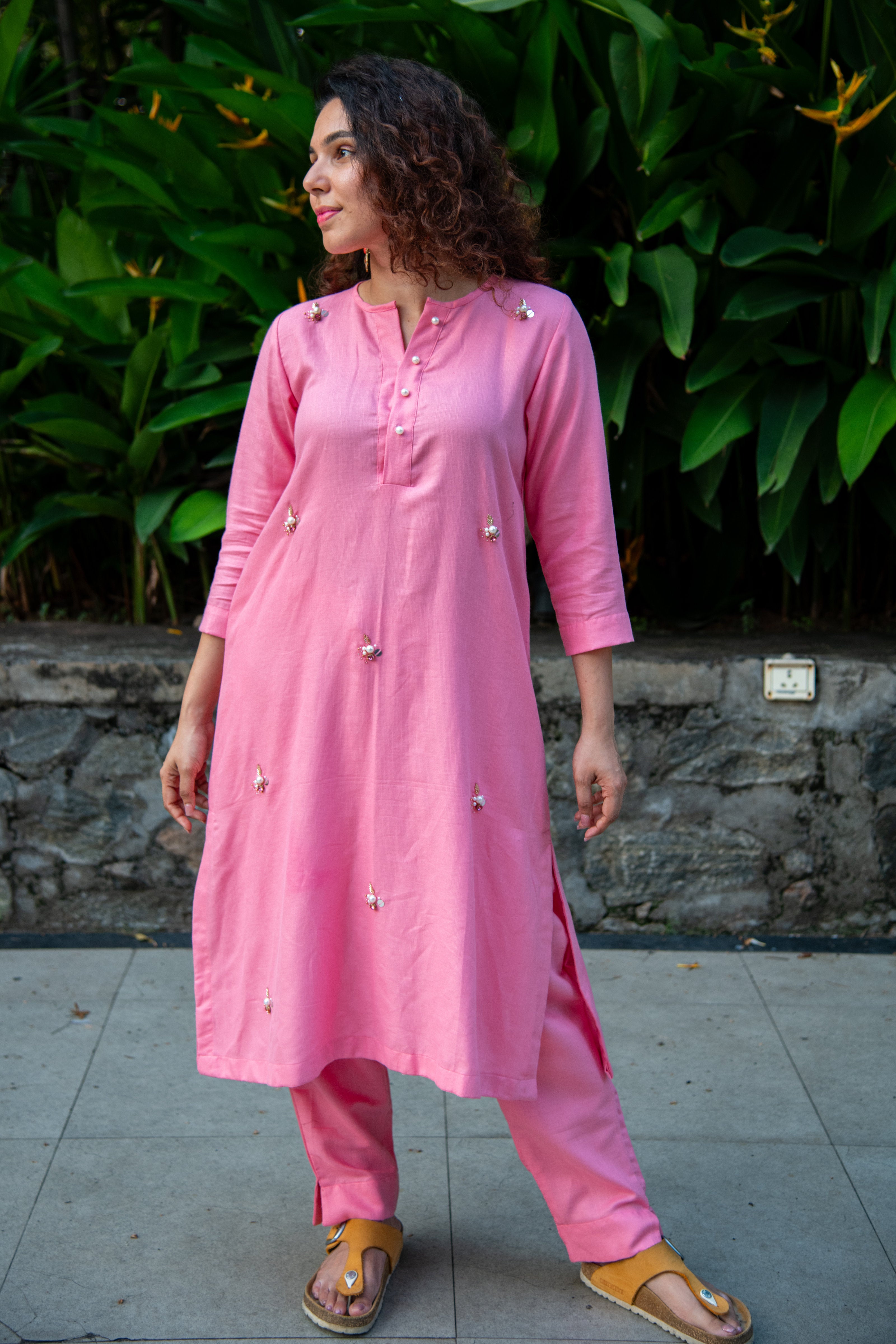 Pink Cotton Co-Ord Kurta with Floral Embroidery