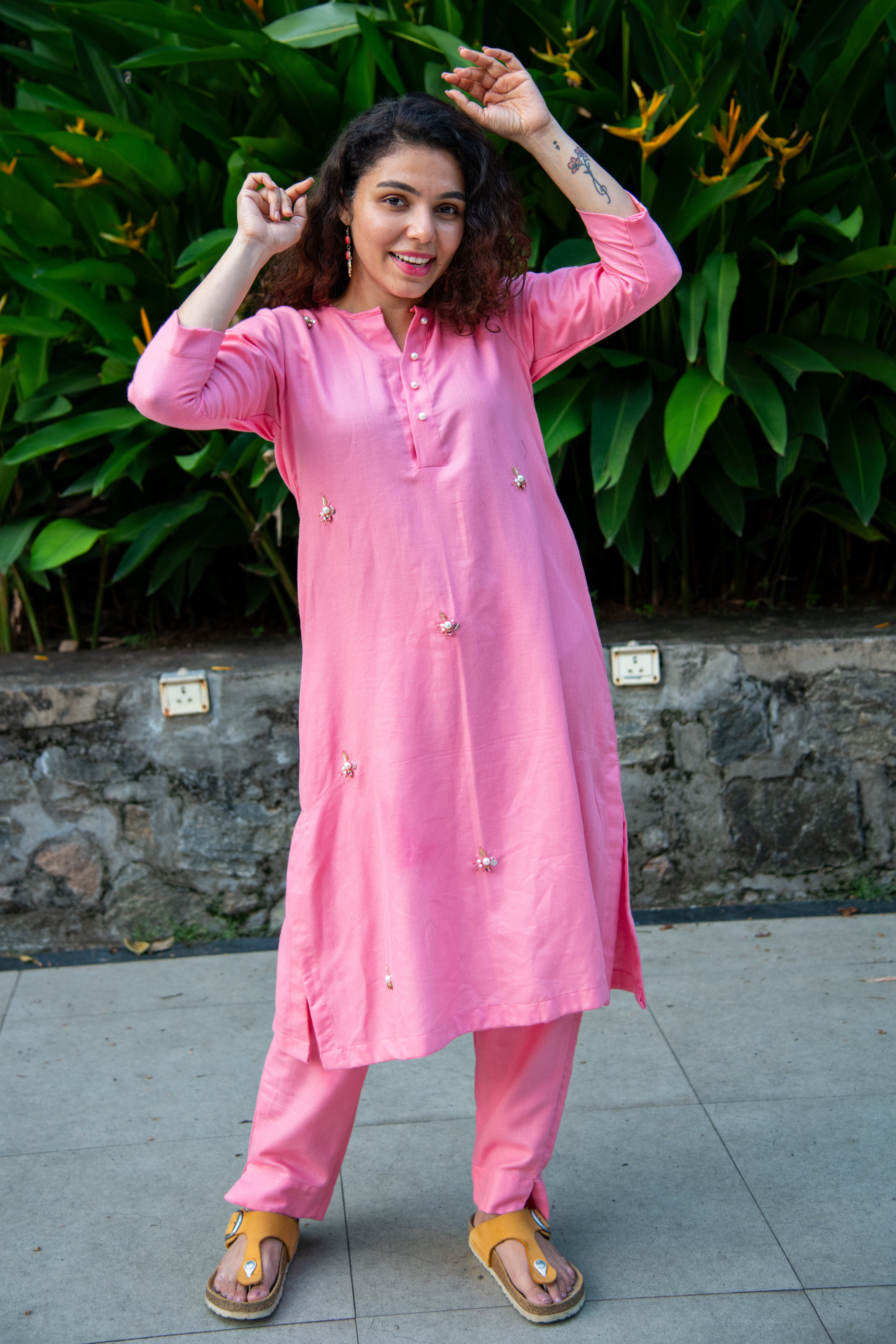 Pink Cotton Co-Ord Kurta with Floral Embroidery