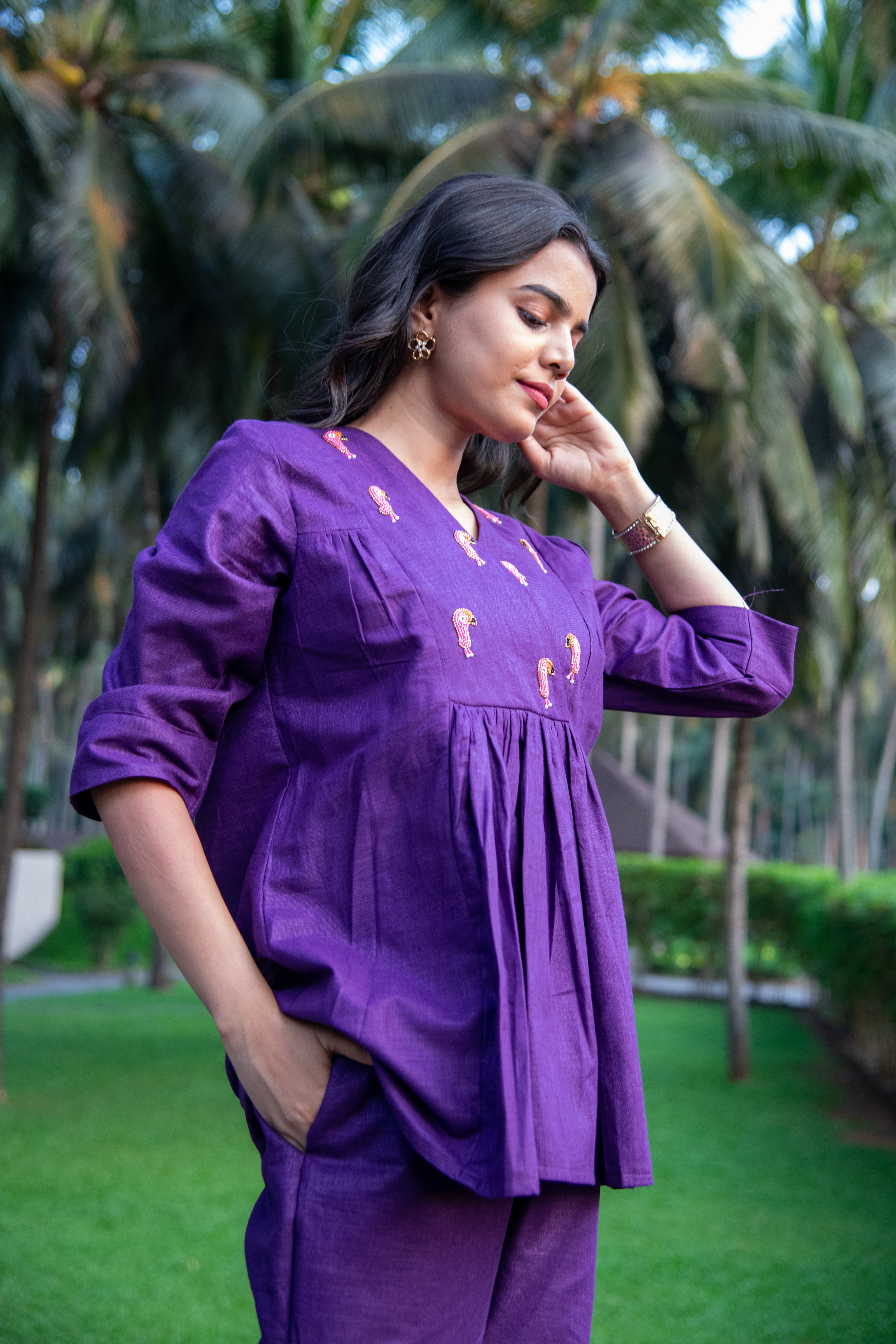 Purple Cotton Linen Co-Ord with Tucan Embroidery