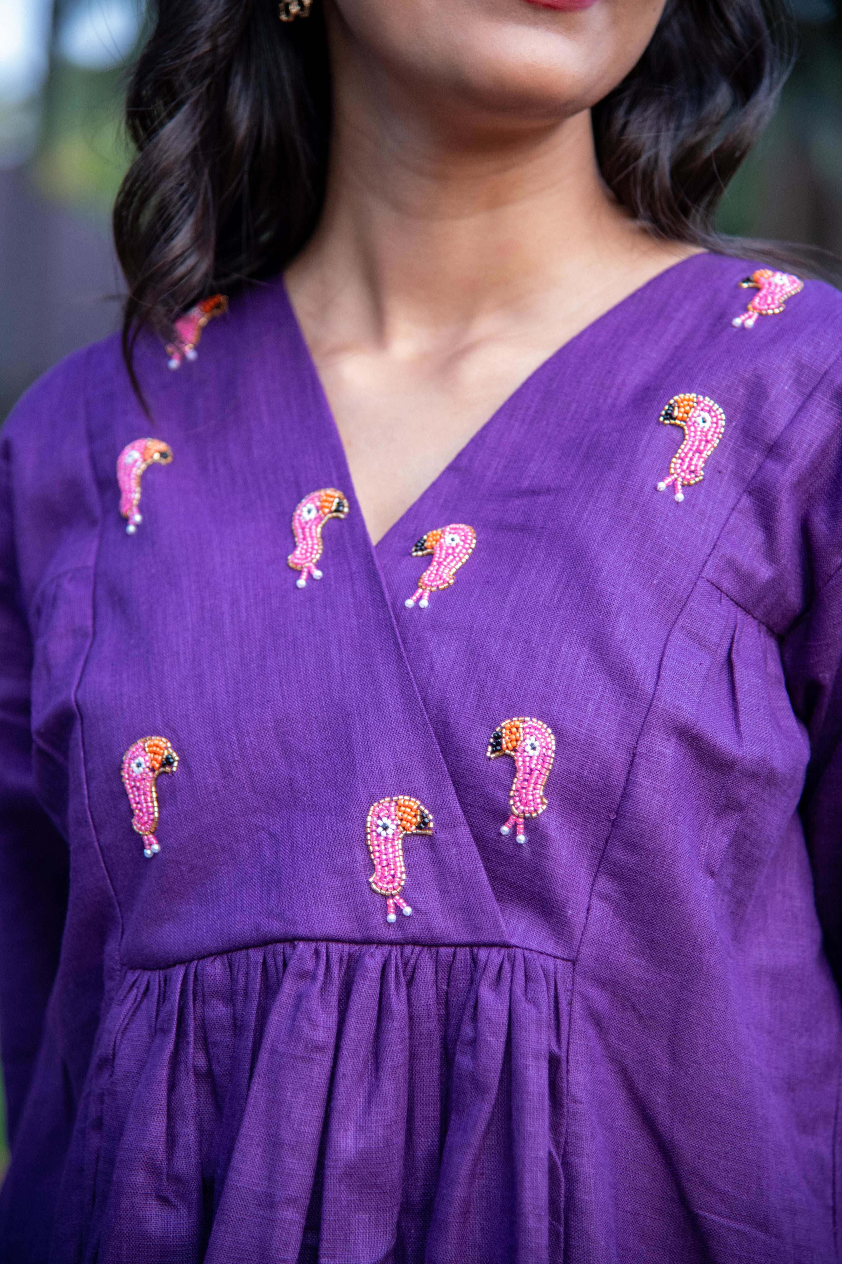 Purple Cotton Linen Co-Ord with Tucan Embroidery