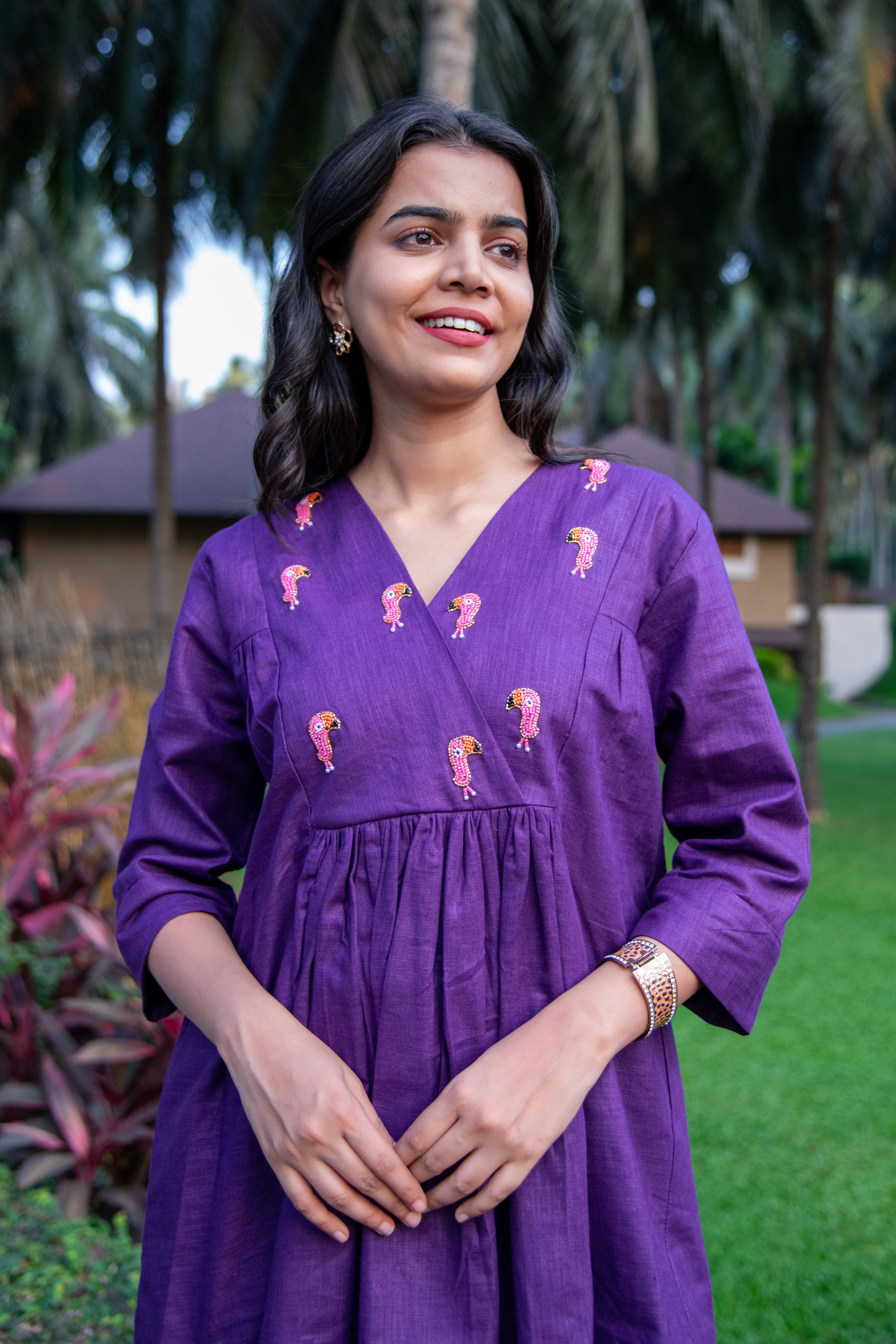 Purple Cotton Linen Co-Ord with Tucan Embroidery