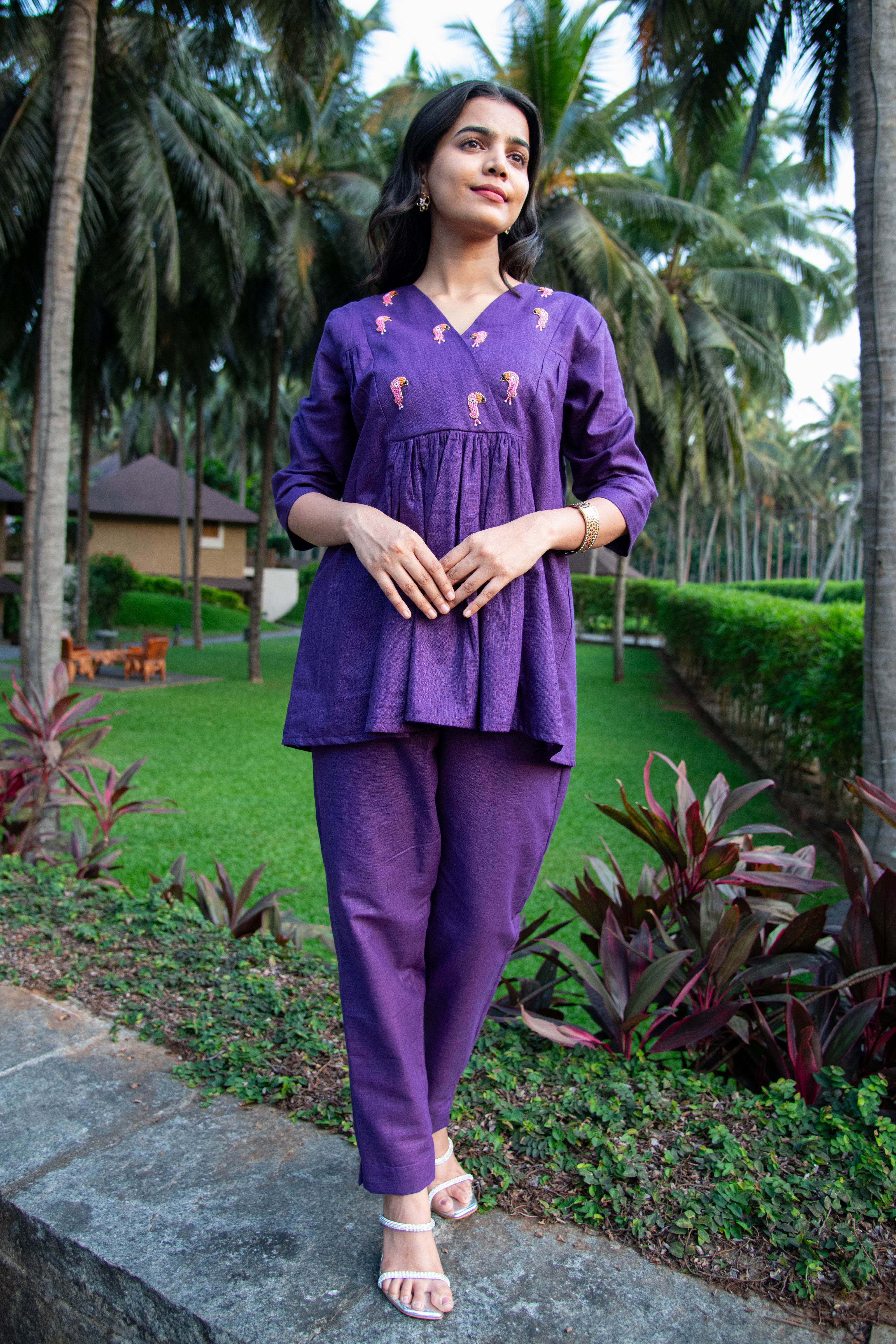 Purple Cotton Linen Co-Ord with Tucan Embroidery