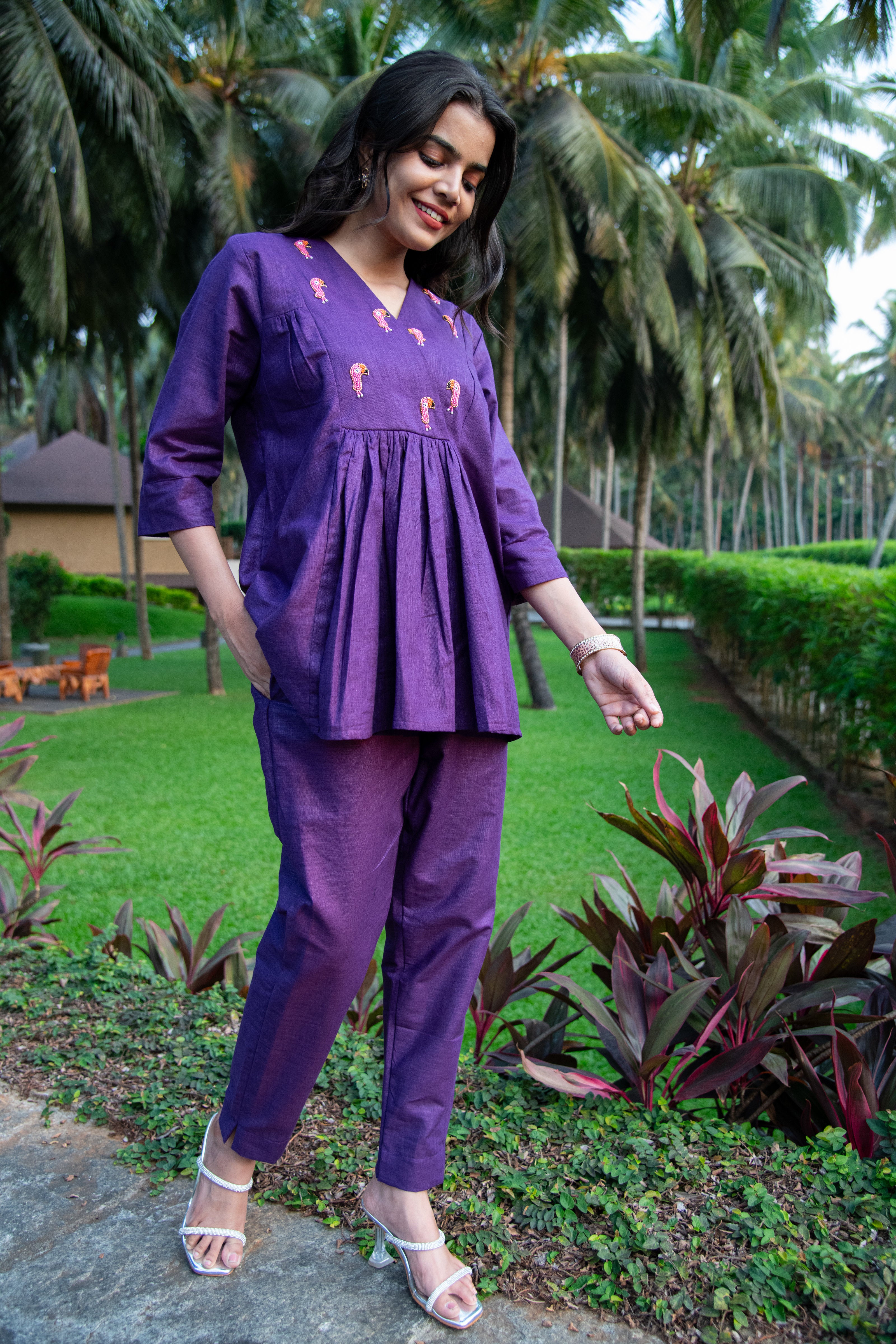 Purple Cotton Linen Co-Ord with Tucan Embroidery