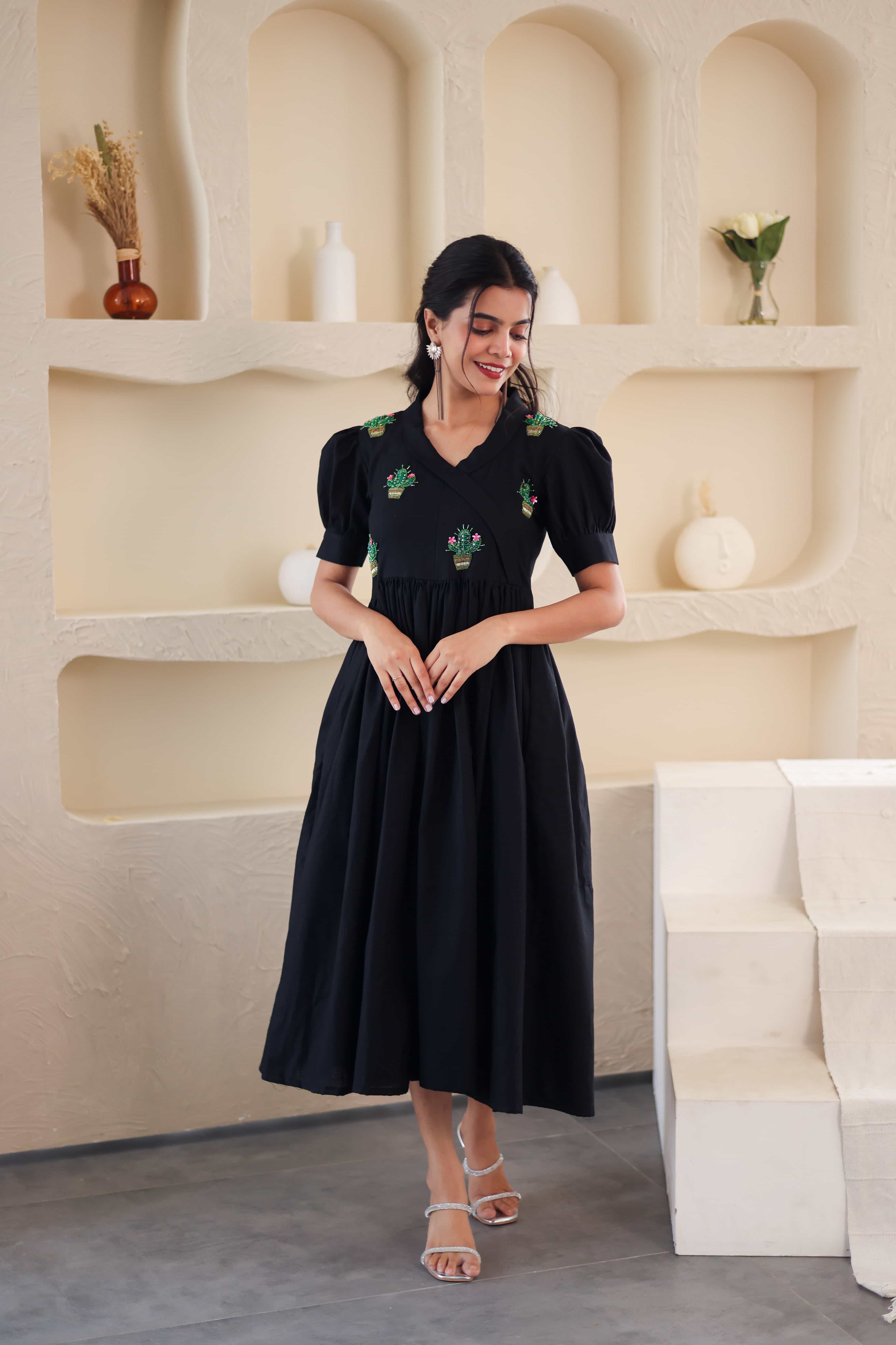 Black Cacti Embroidered Cotton Dress - Label Xari