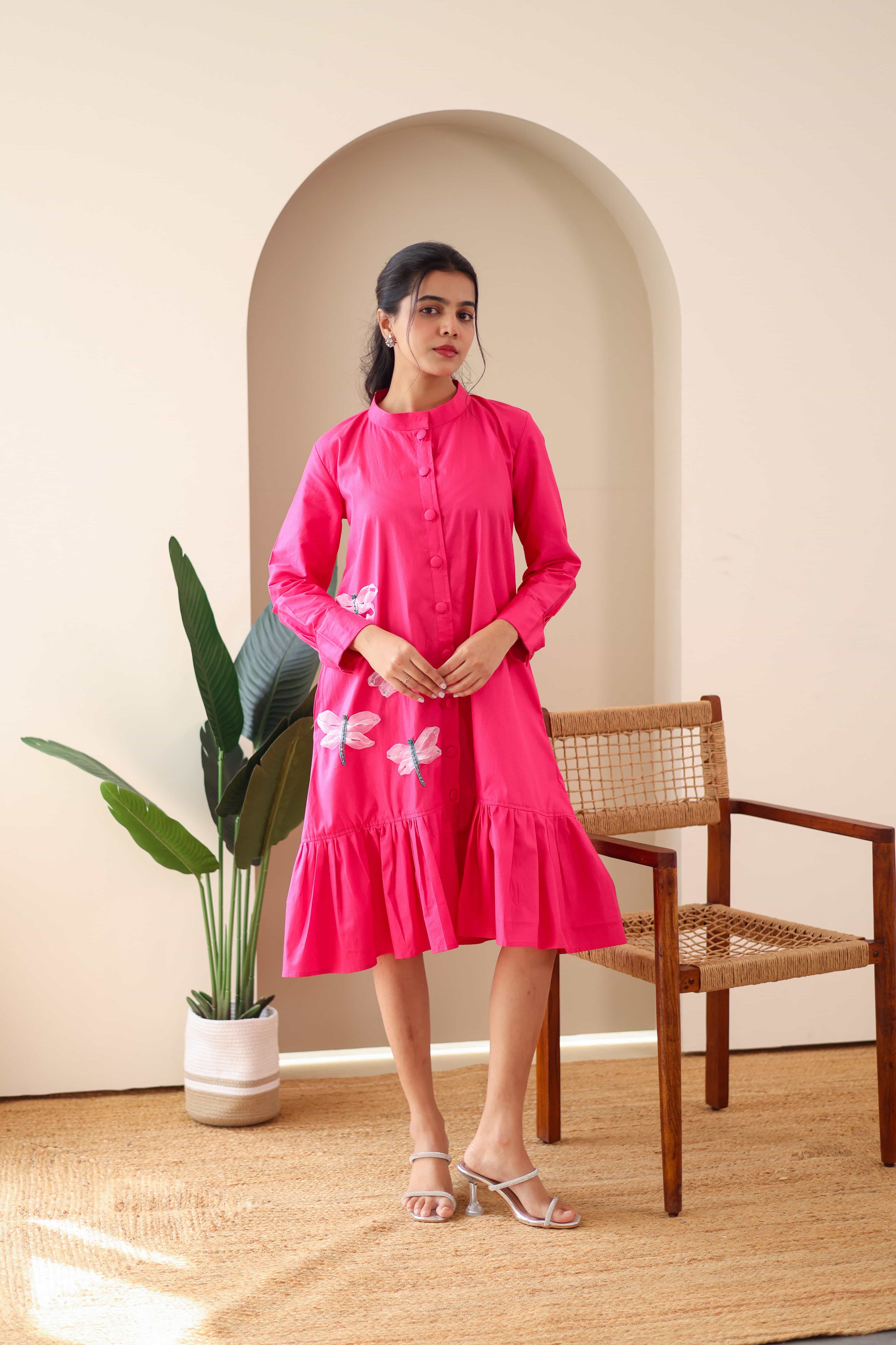 Dragon Fly Embroidered Pink Cotton Dress - Label Xari