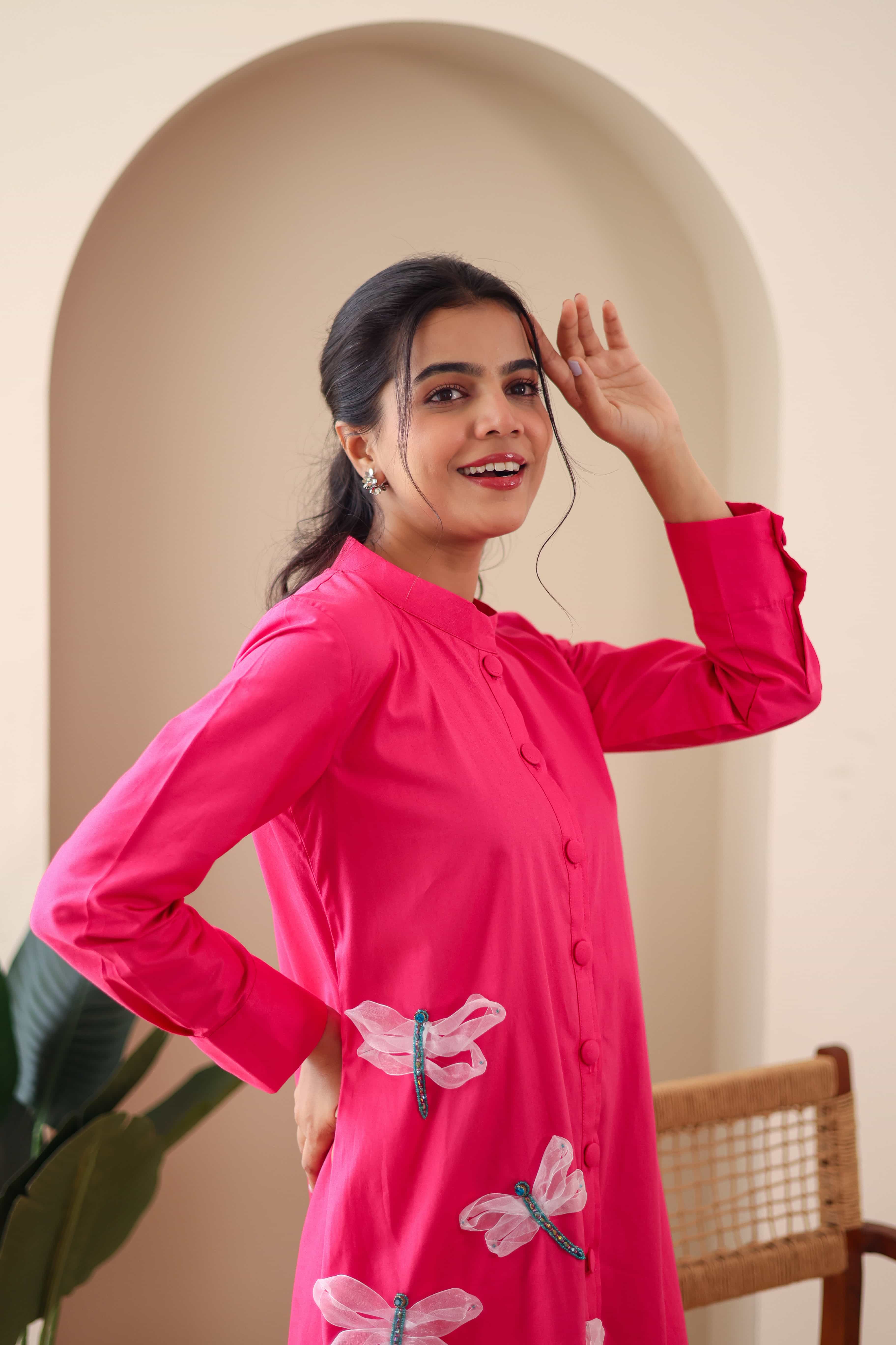 Dragon Fly Embroidered Pink Cotton Dress - Label Xari