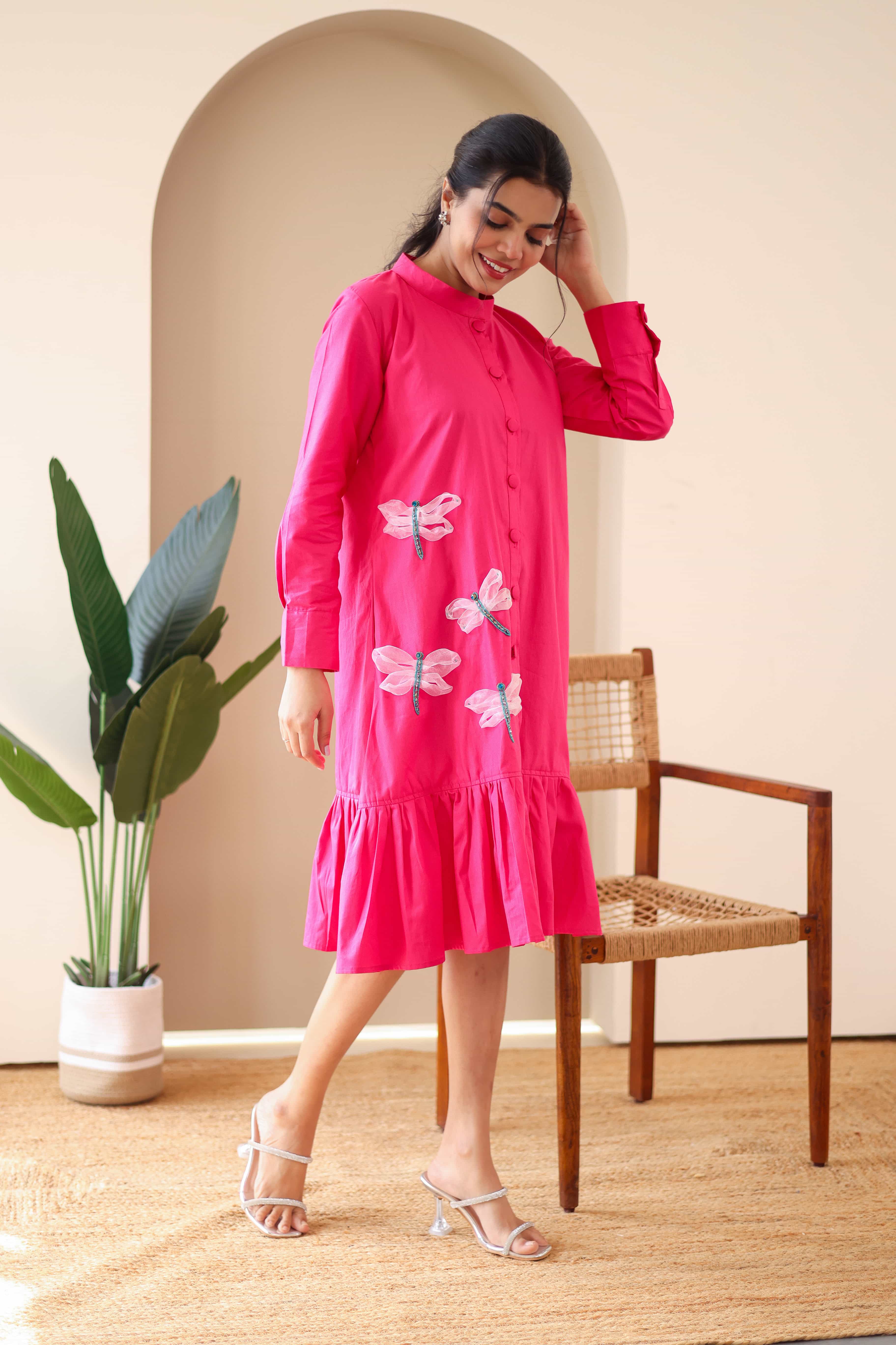 Dragon Fly Embroidered Pink Cotton Dress - Label Xari