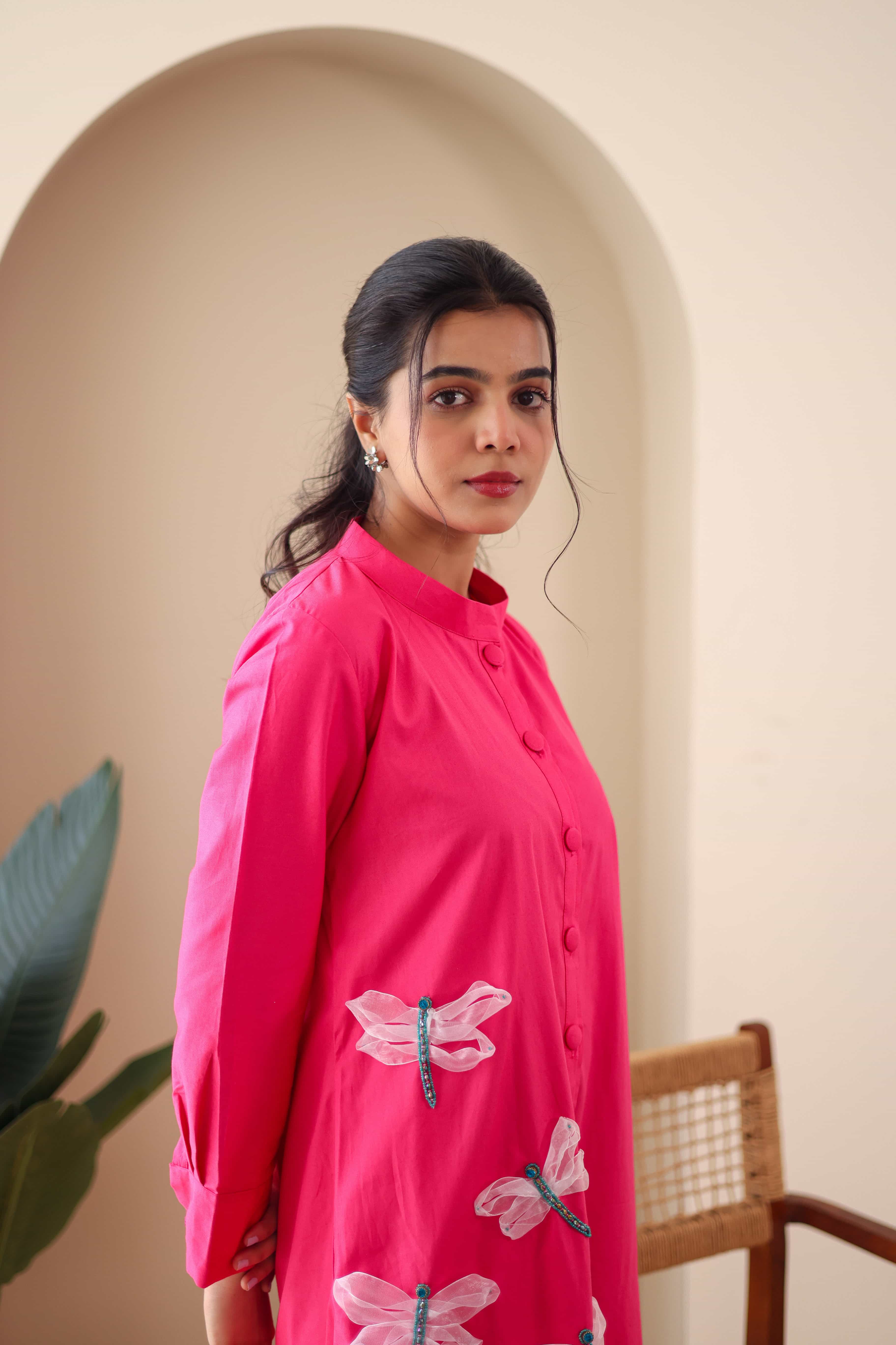 Dragon Fly Embroidered Pink Cotton Dress - Label Xari