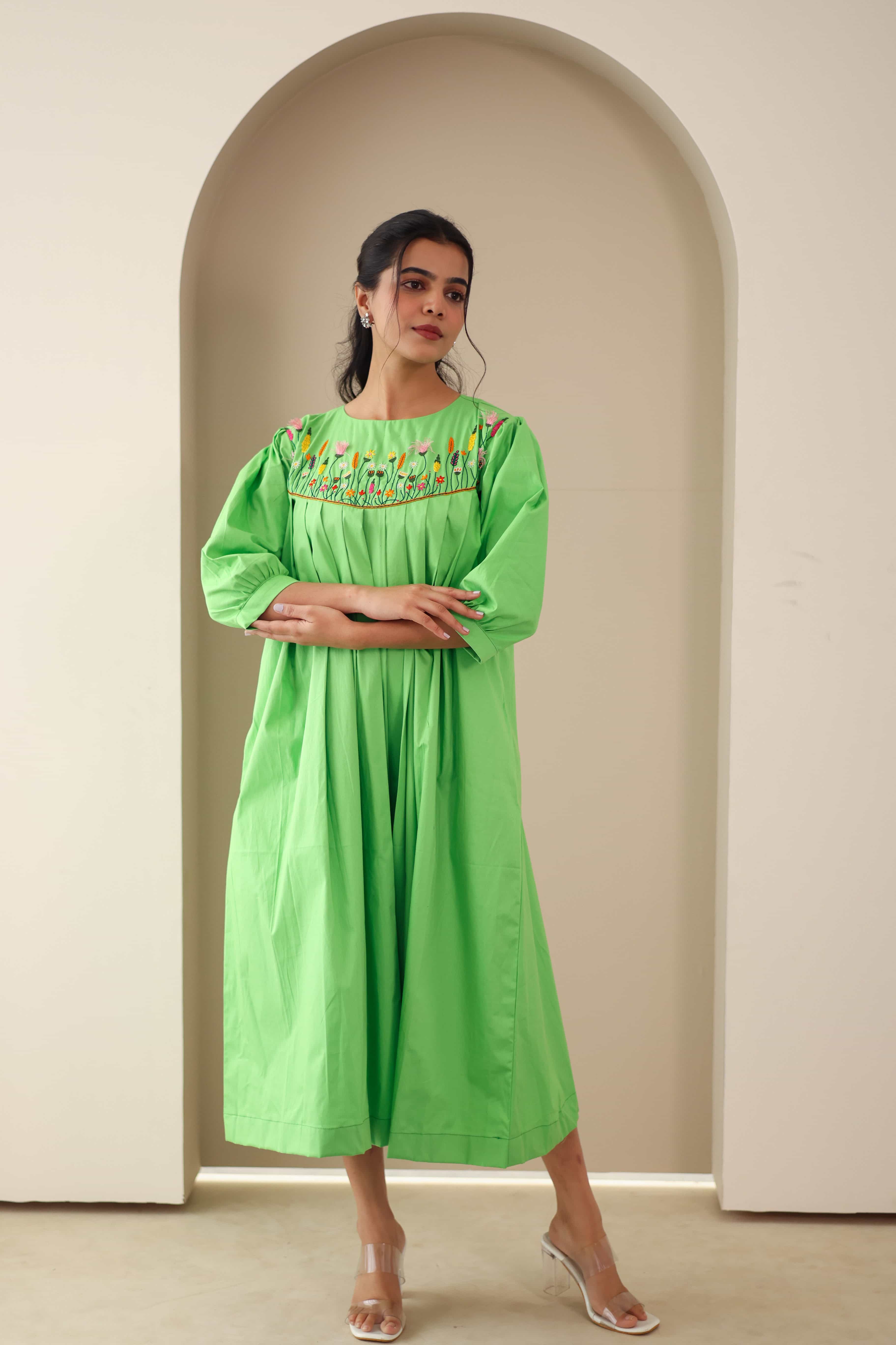 Green Embroidered Cotton Poplin Dress - Label Xari