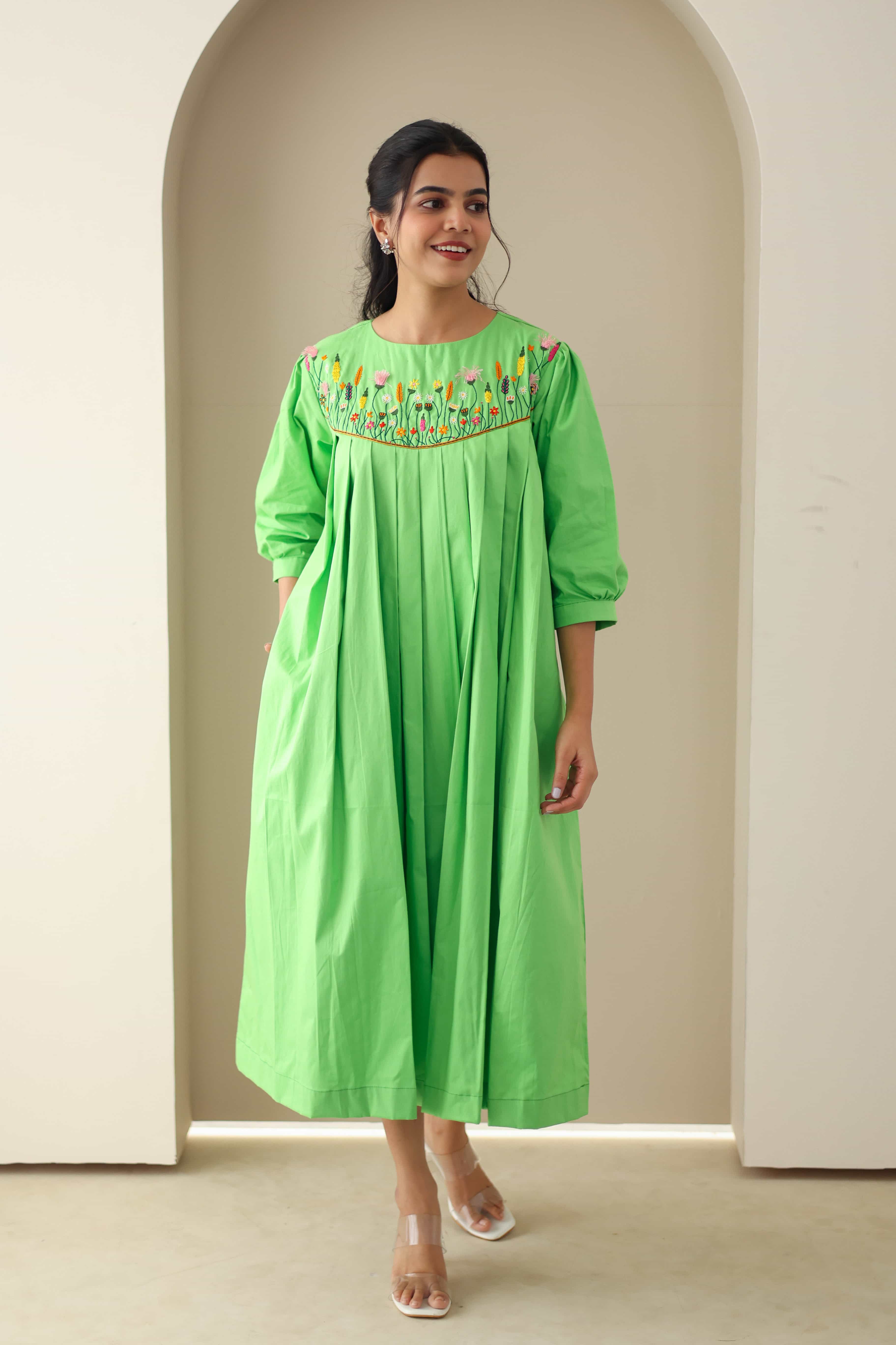 Green Embroidered Cotton Poplin Dress - Label Xari
