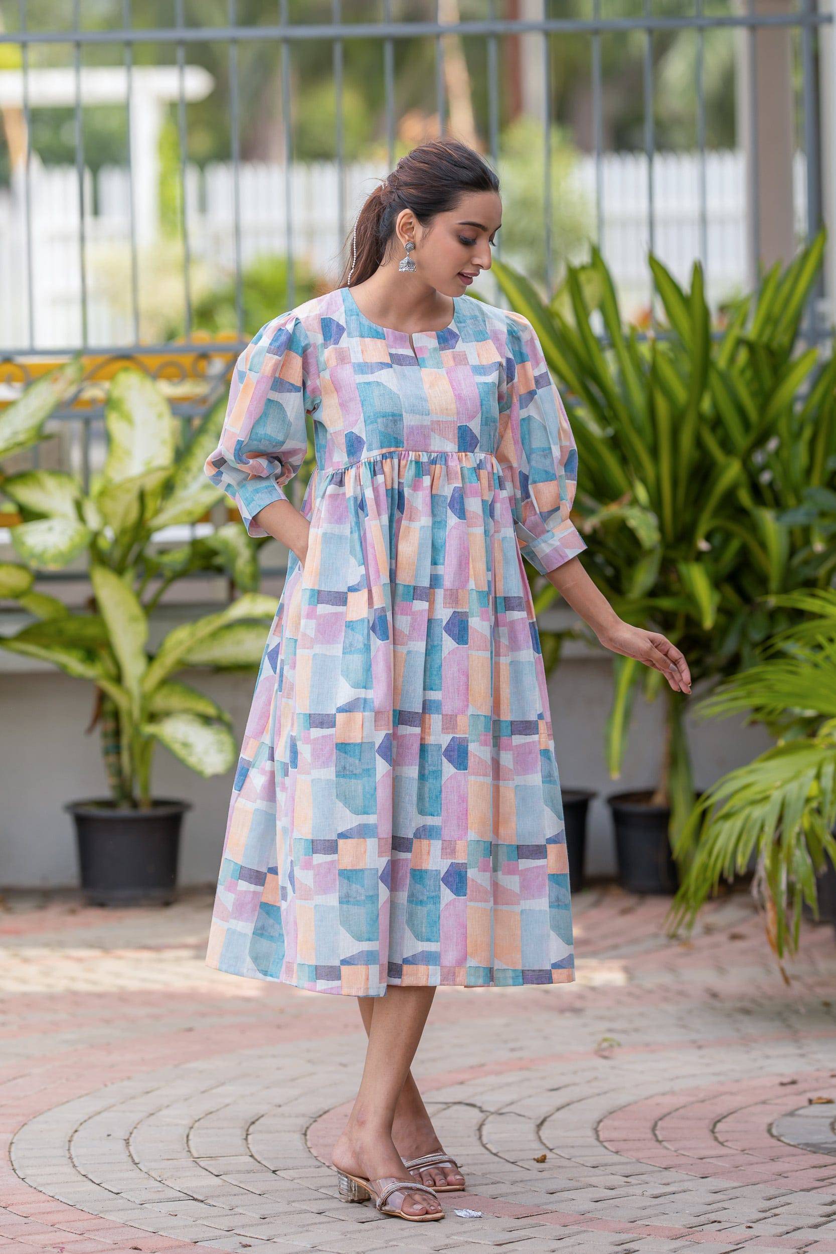 Pastel Mosaic Cotton Linen Dress - Label Xari