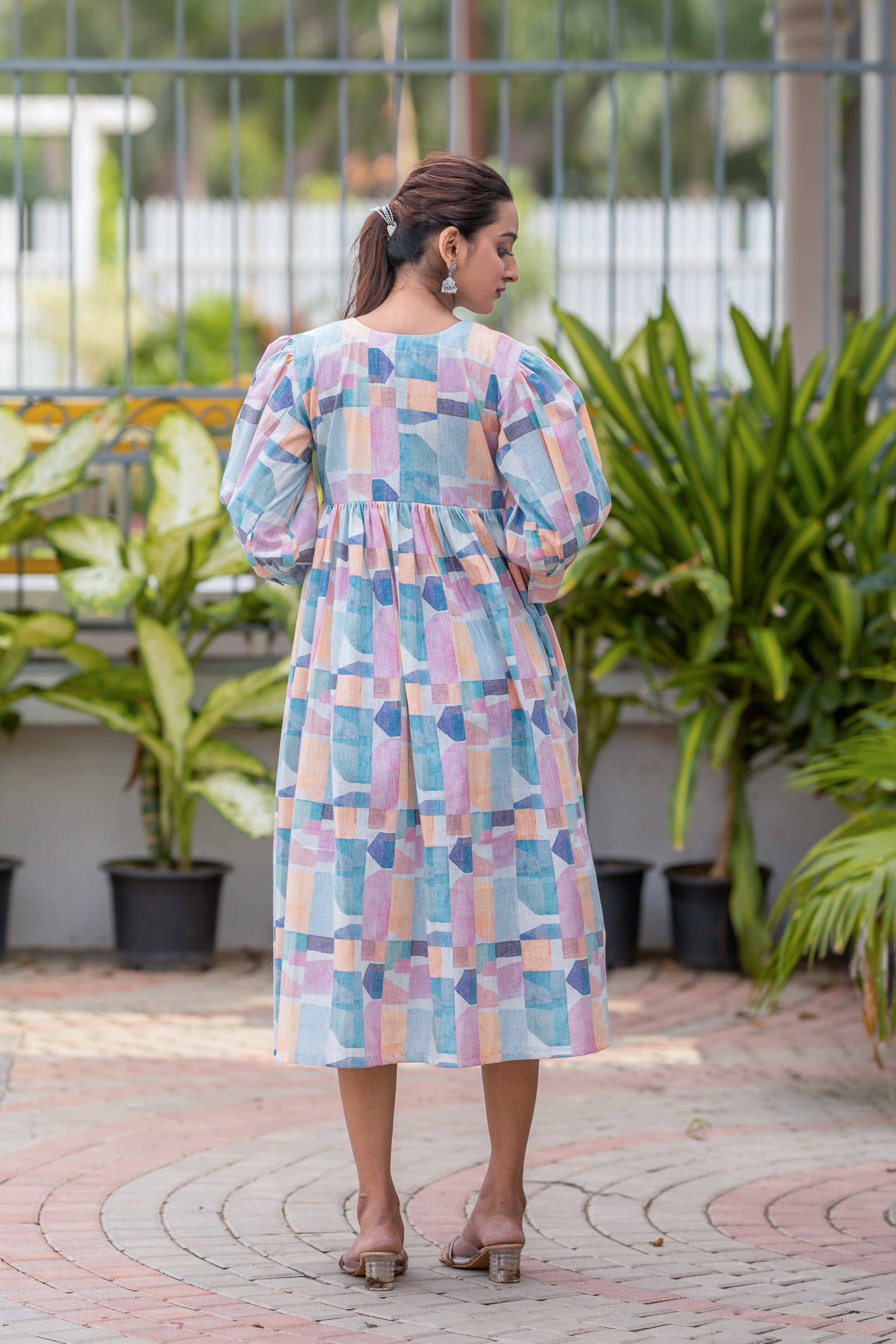Pastel Mosaic Cotton Linen Dress - Label Xari