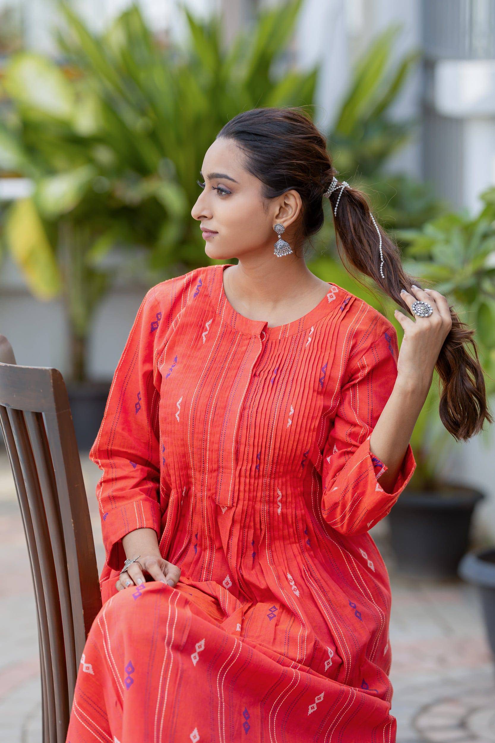 Sunset Orange Handloom Cotton Dress - Label Xari