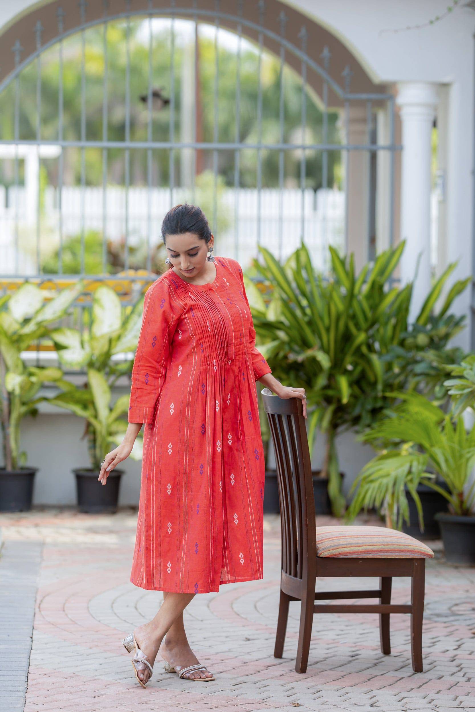 Sunset Orange Handloom Cotton Dress - Label Xari