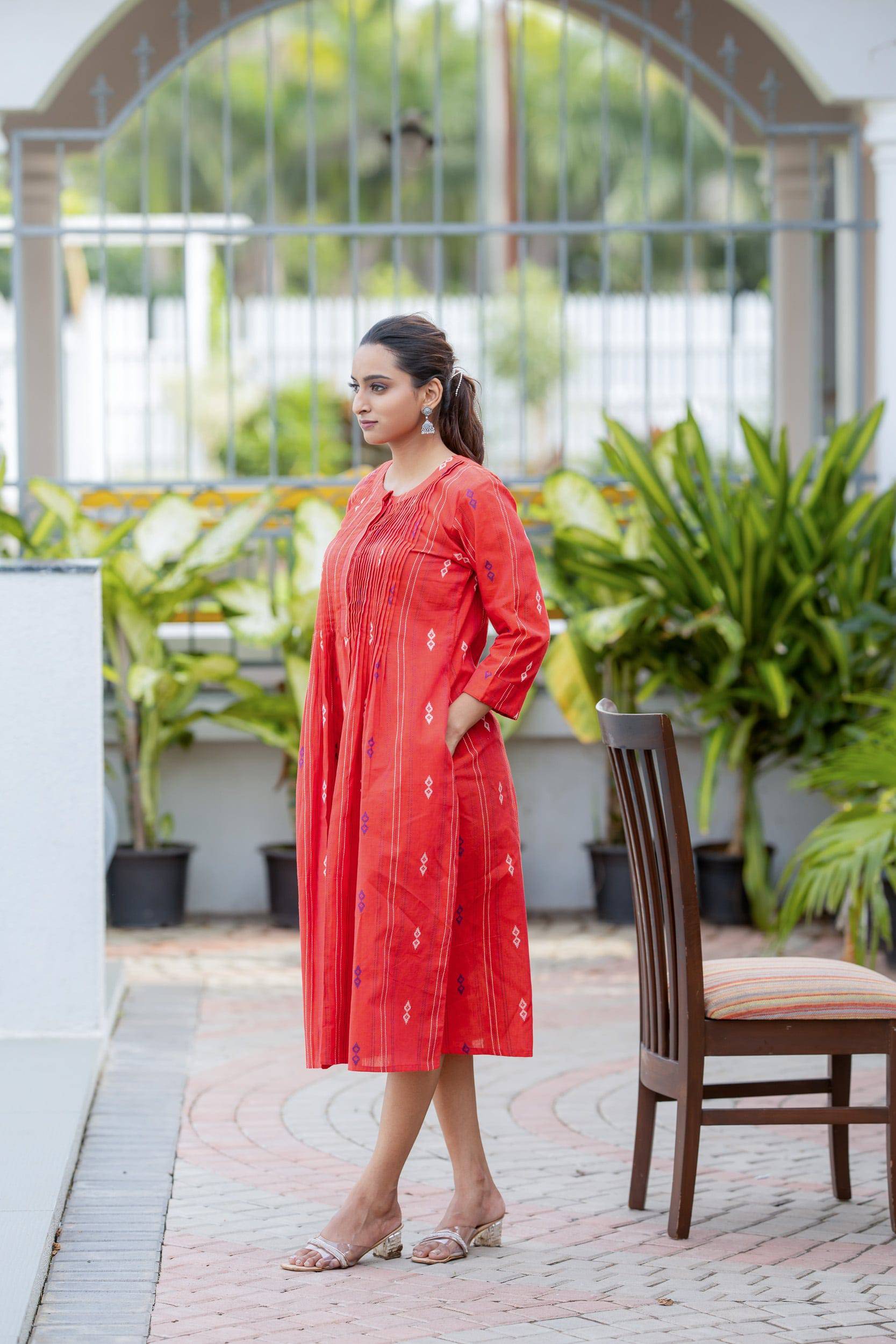 Sunset Orange Handloom Cotton Dress - Label Xari