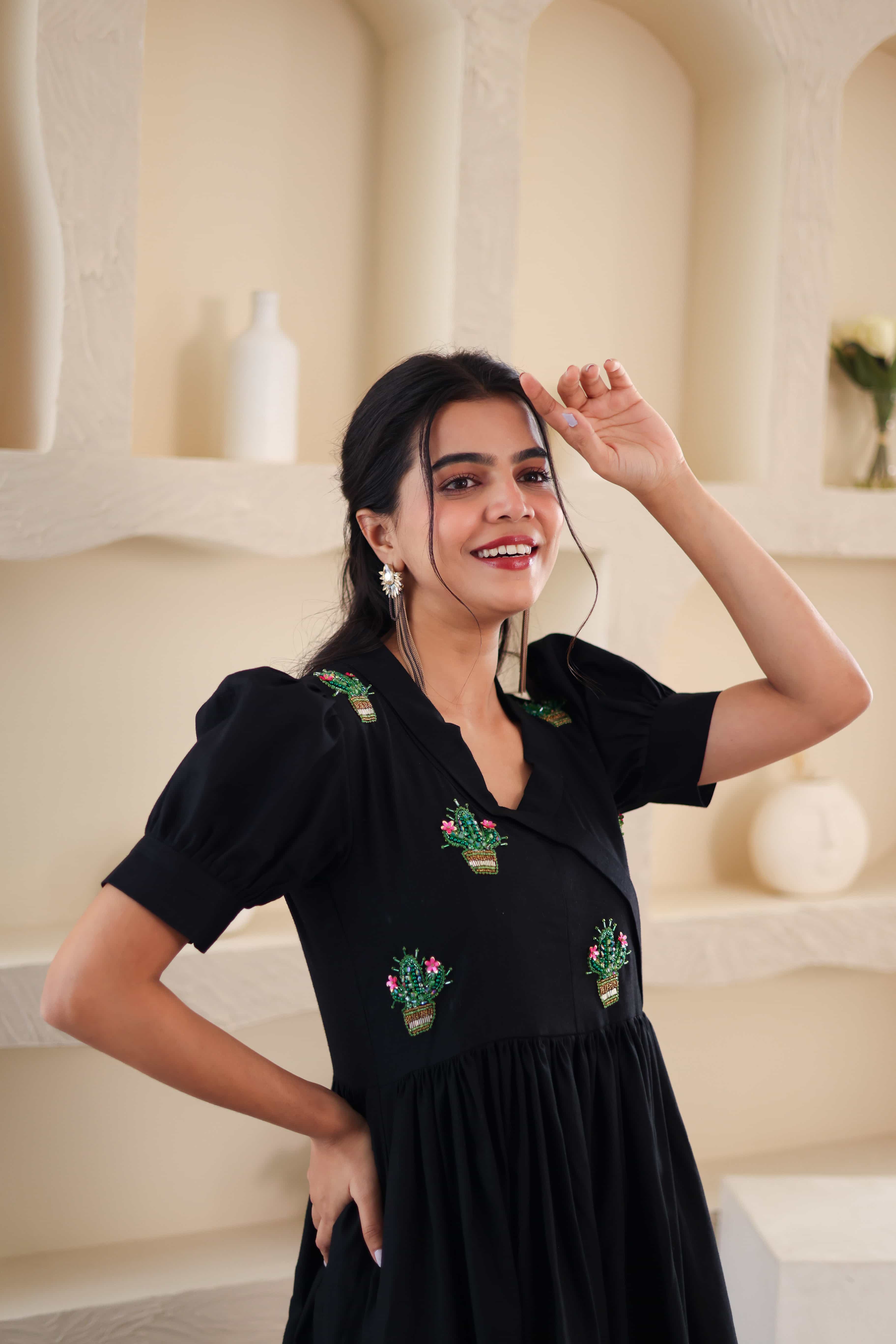 Black Cacti Embroidered Cotton Dress