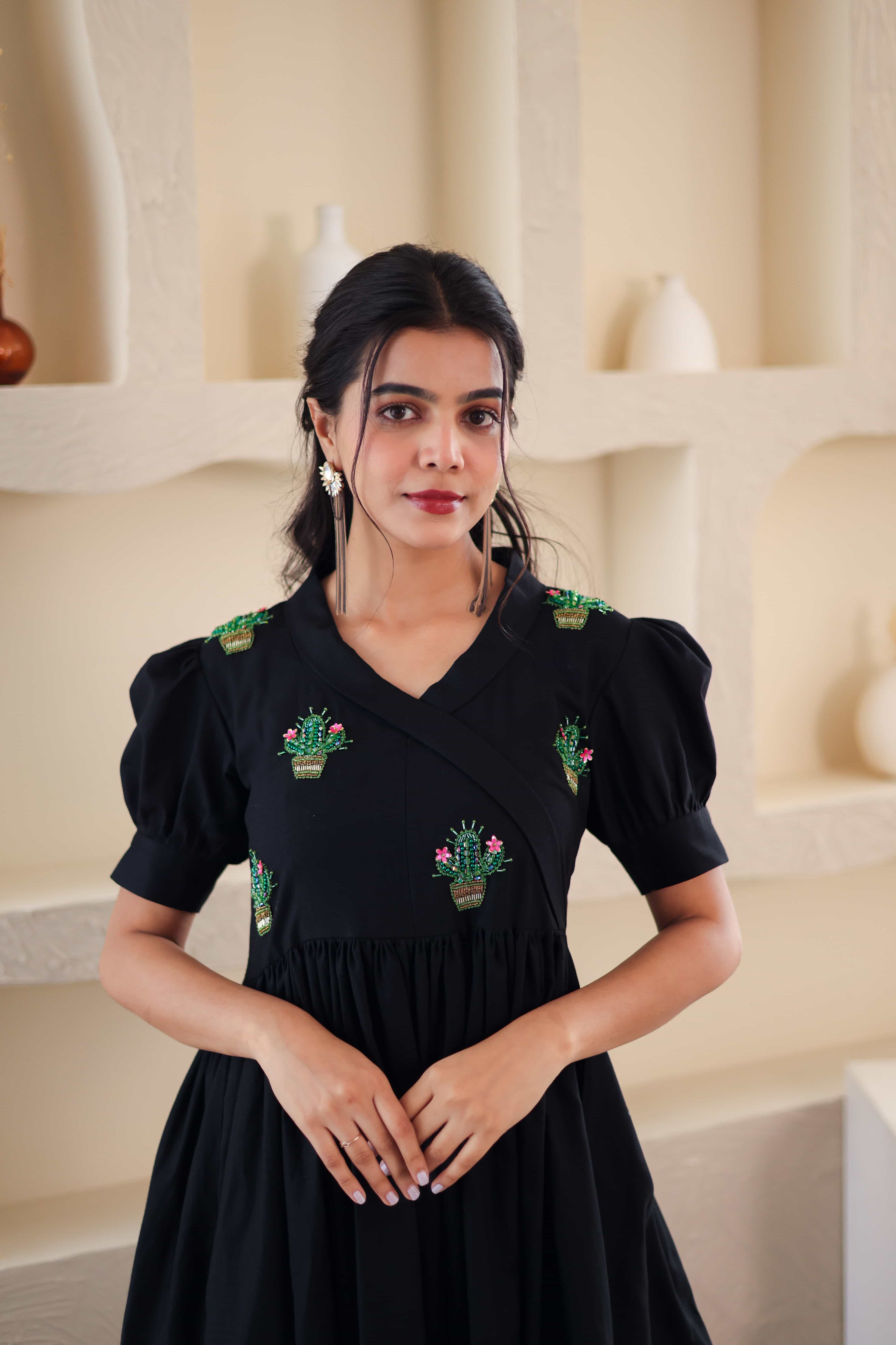 Black Cacti Embroidered Cotton Dress