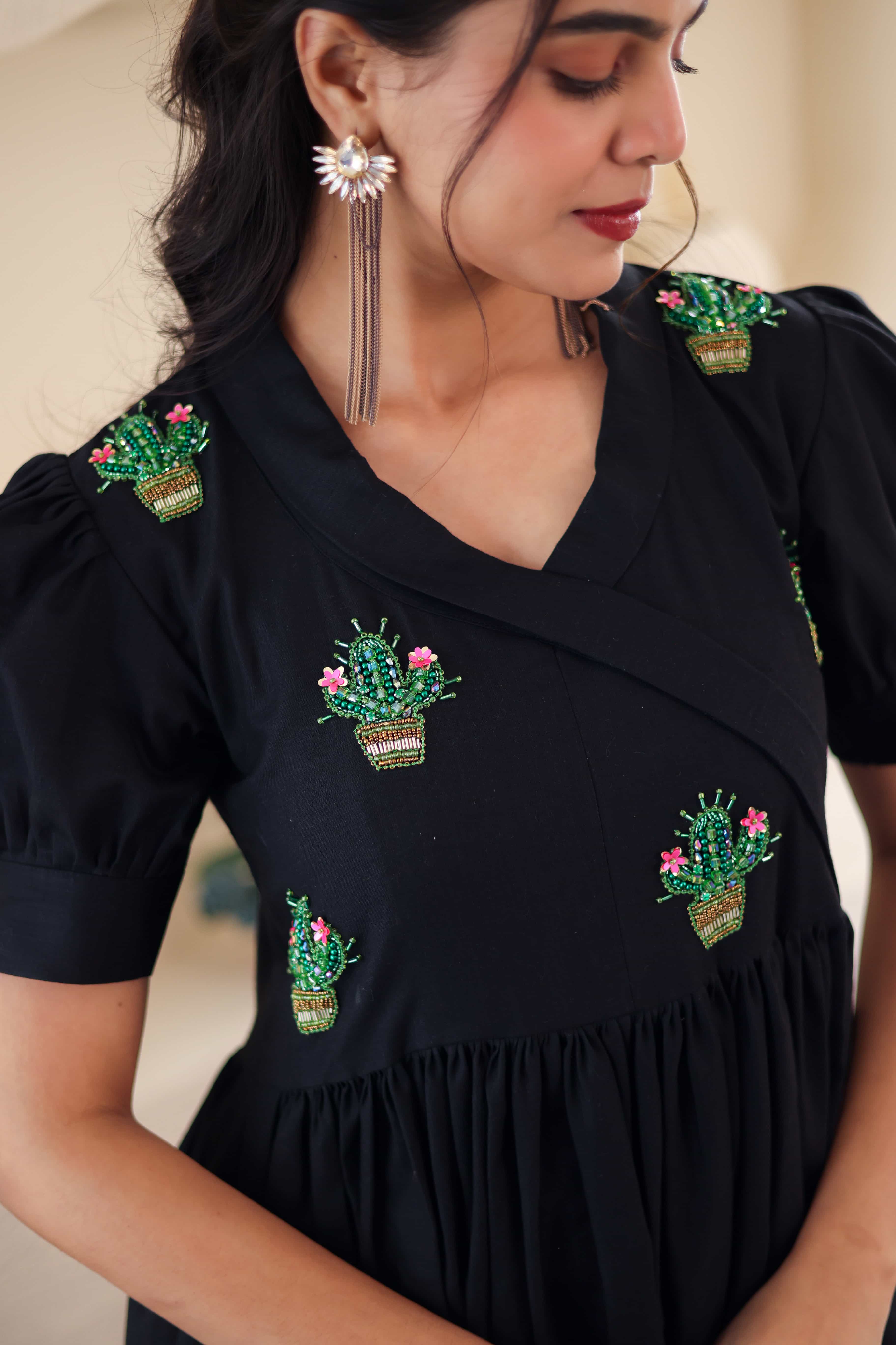 Black Cacti Embroidered Cotton Dress