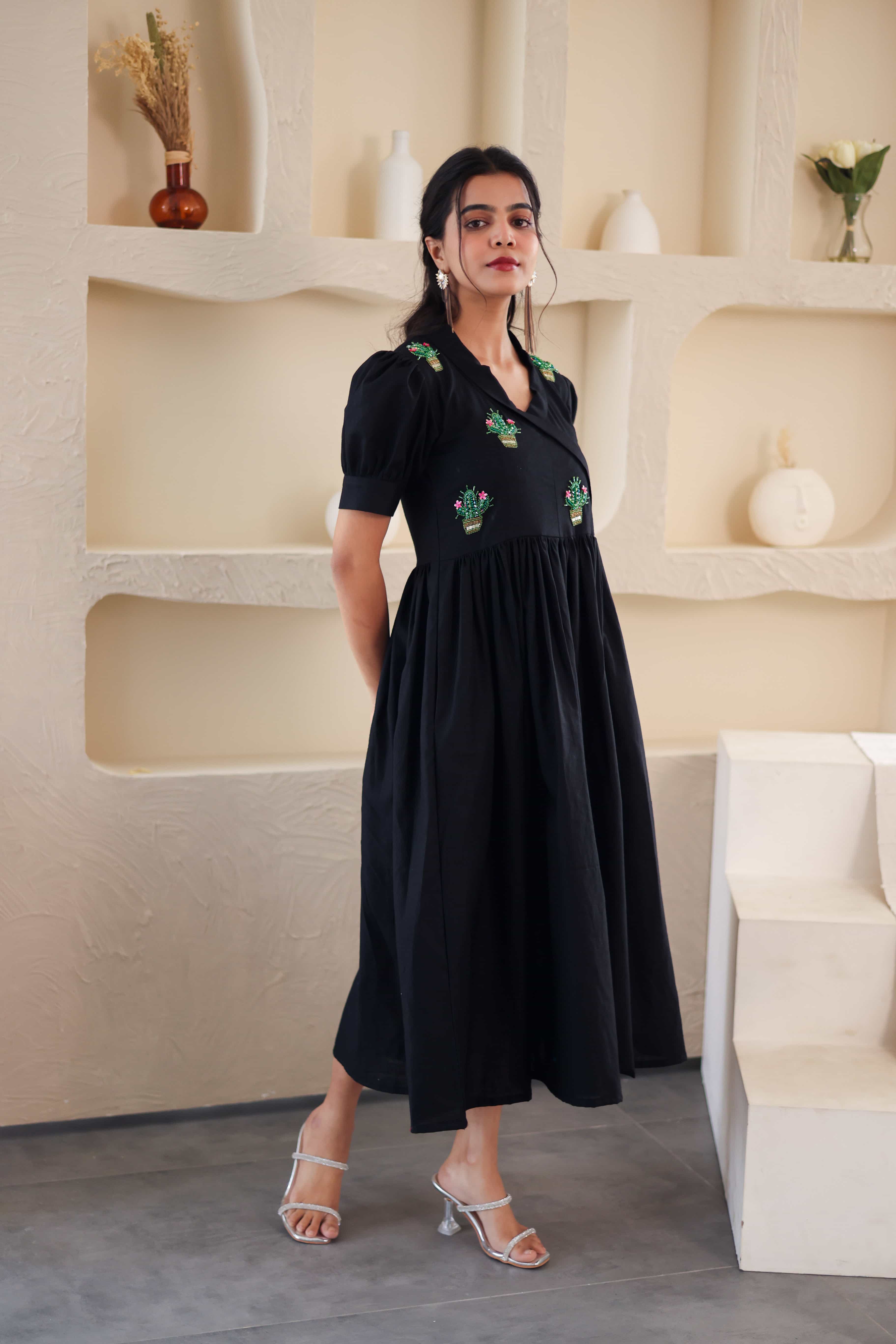 Black Cacti Embroidered Cotton Dress