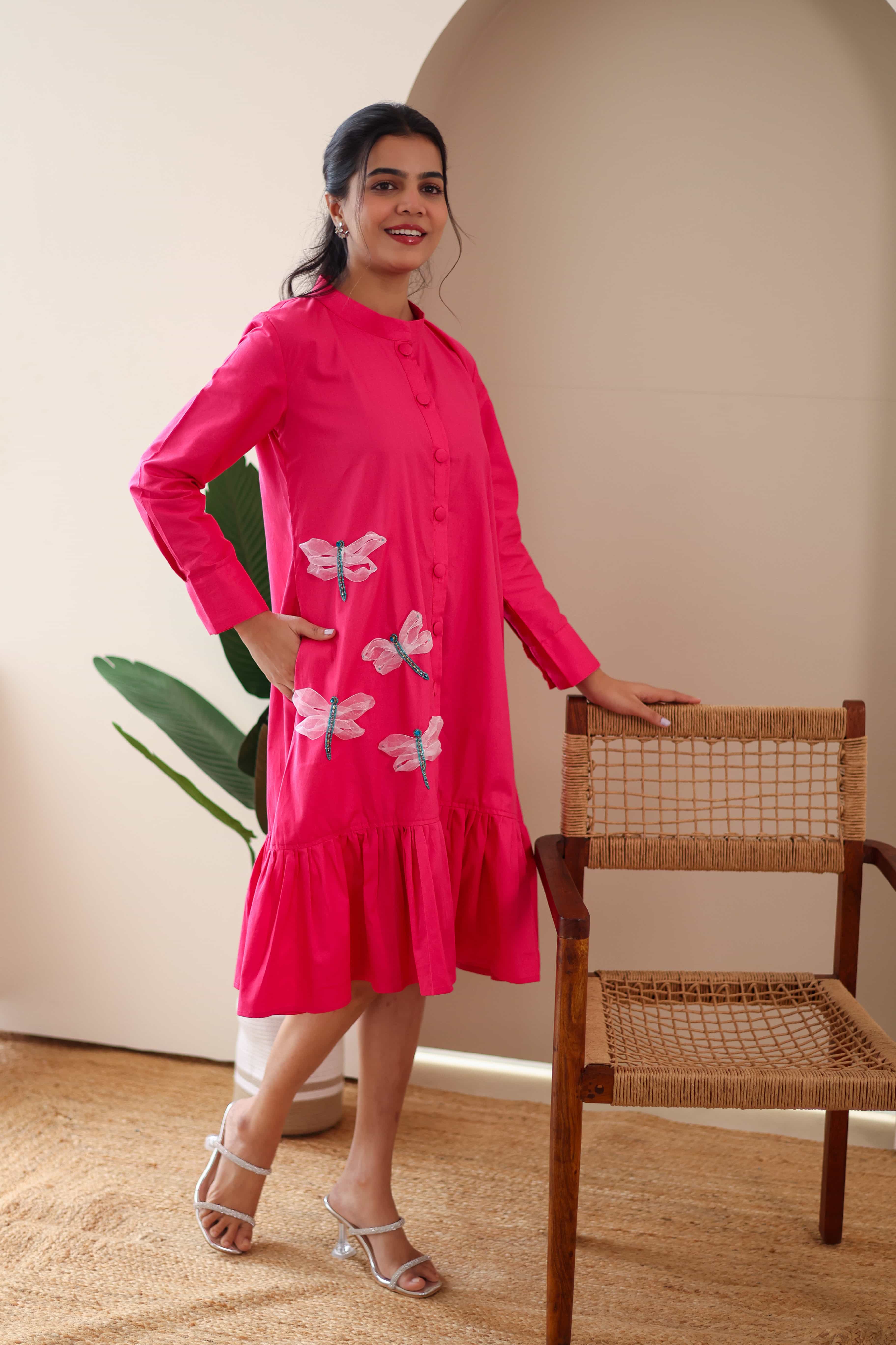 Dragon Fly Embroidered Pink Cotton Dress