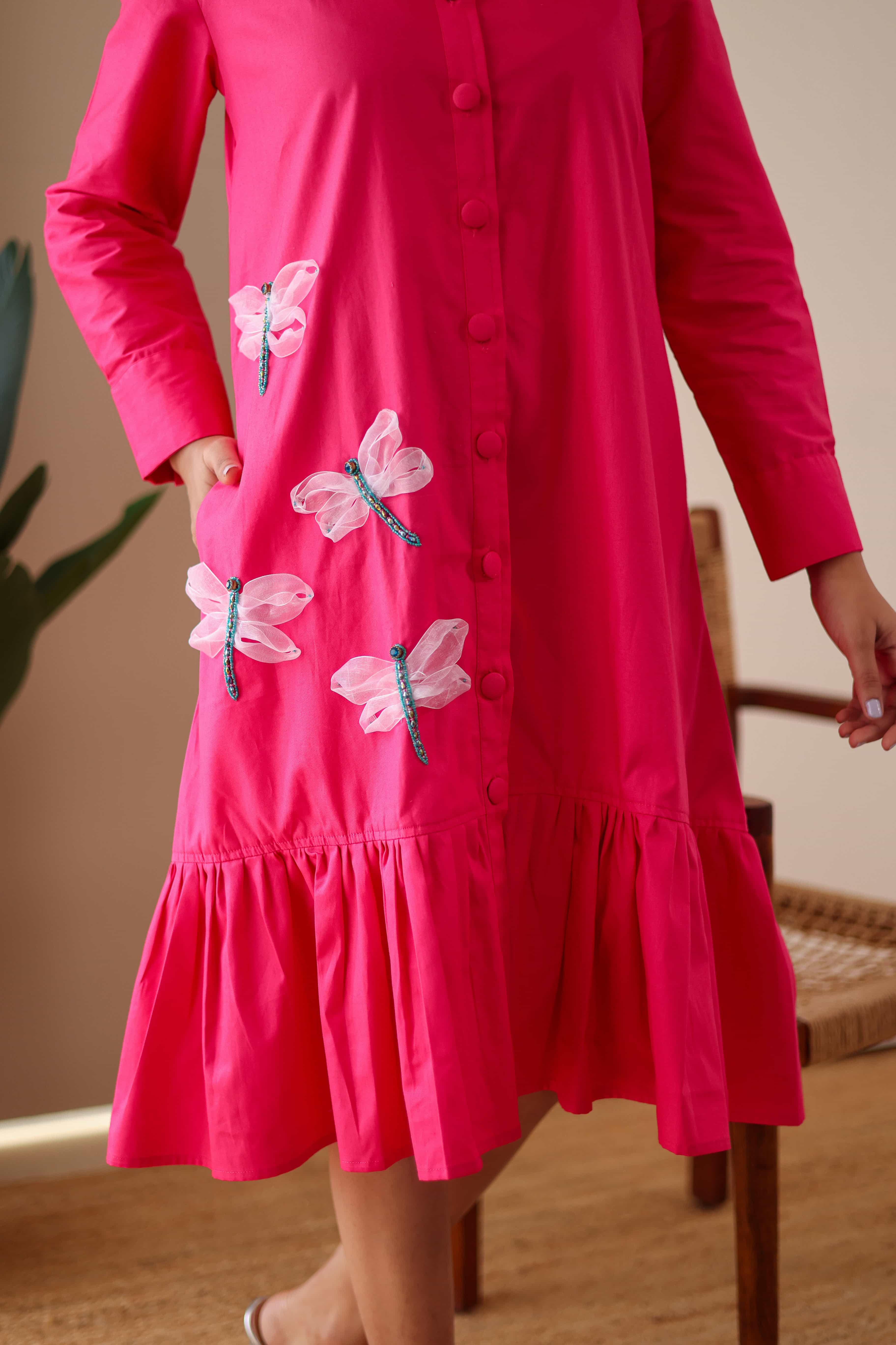 Dragon Fly Embroidered Pink Cotton Dress