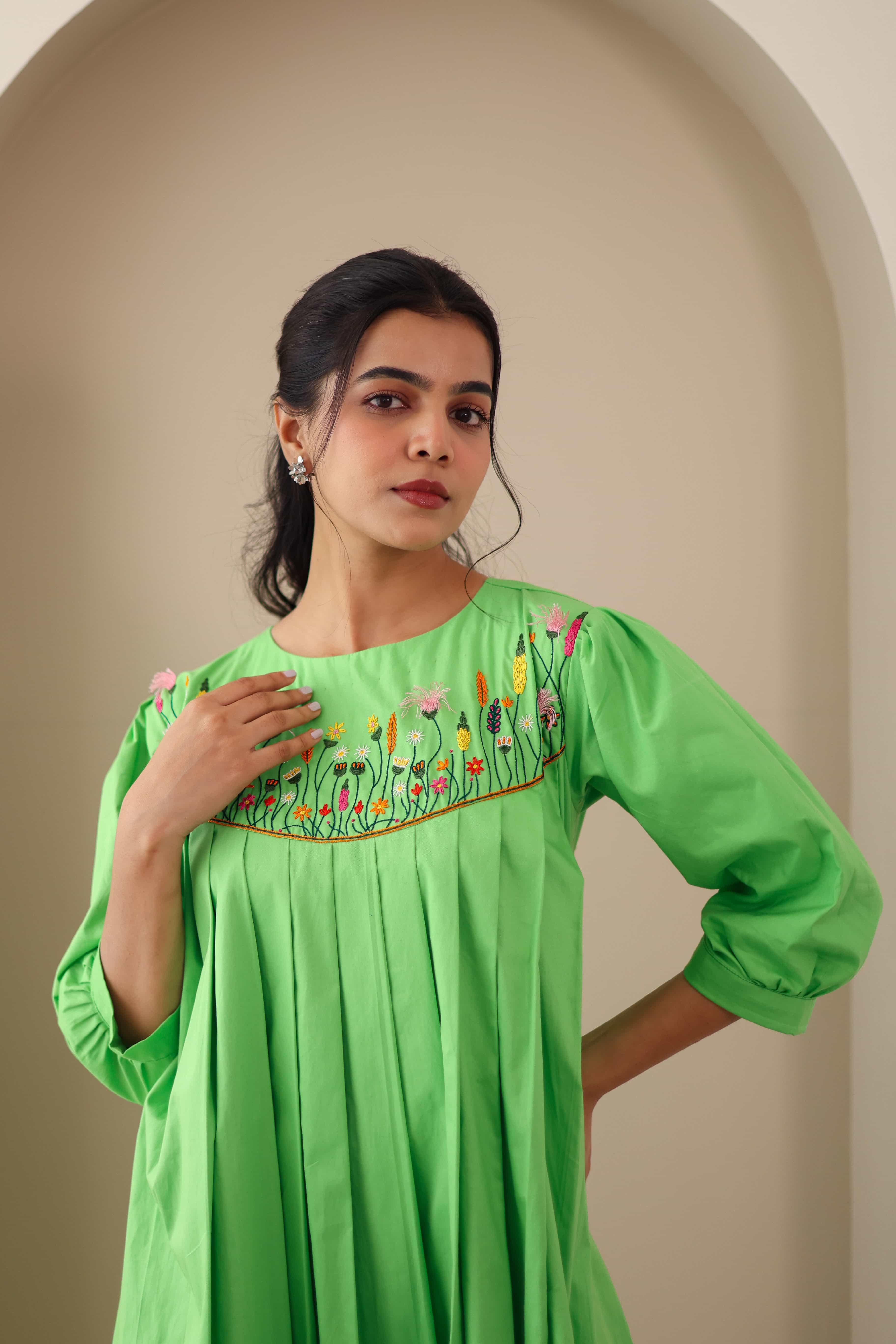 Green Embroidered Cotton Poplin Dress