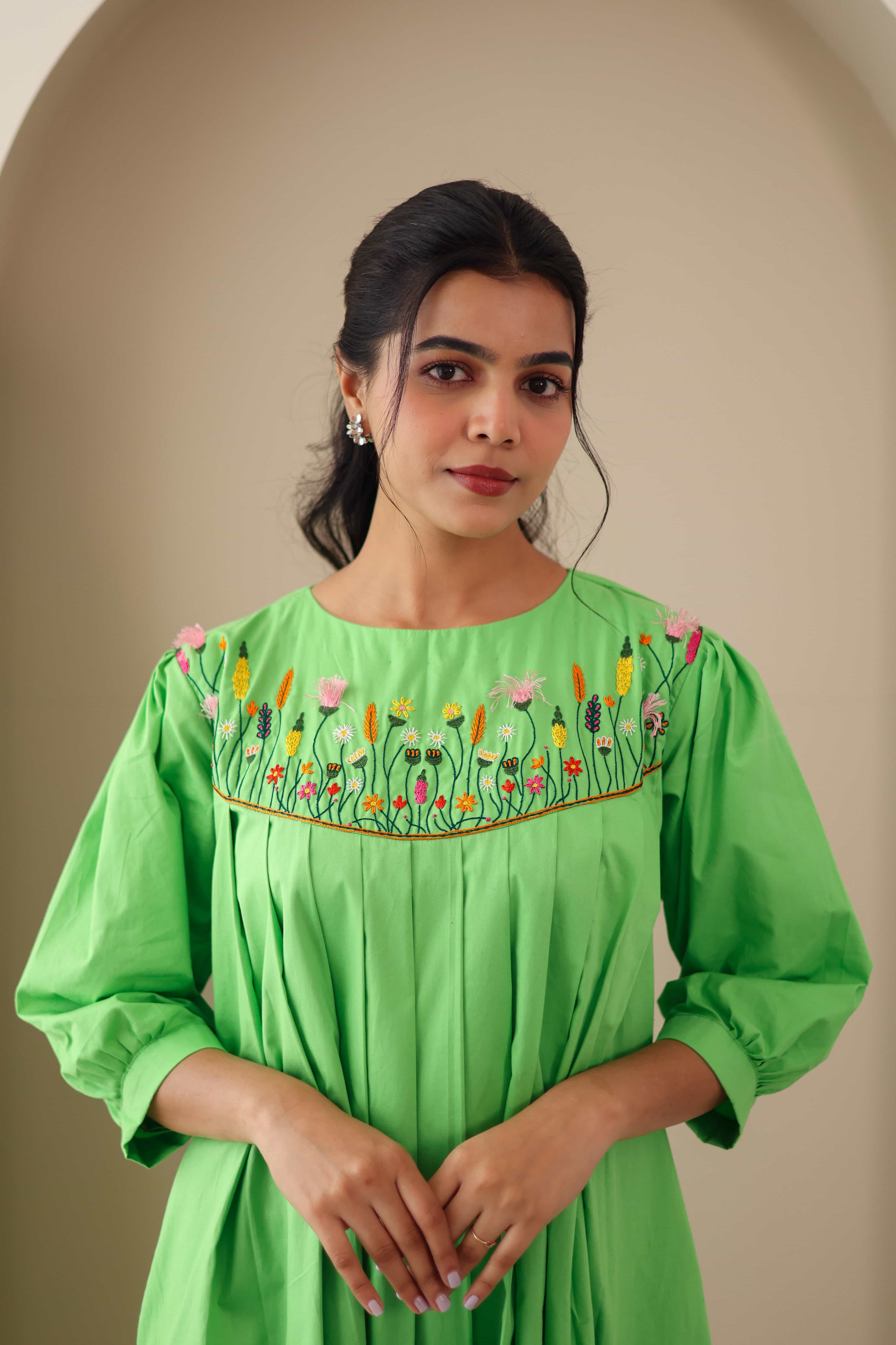 Green Embroidered Cotton Poplin Dress