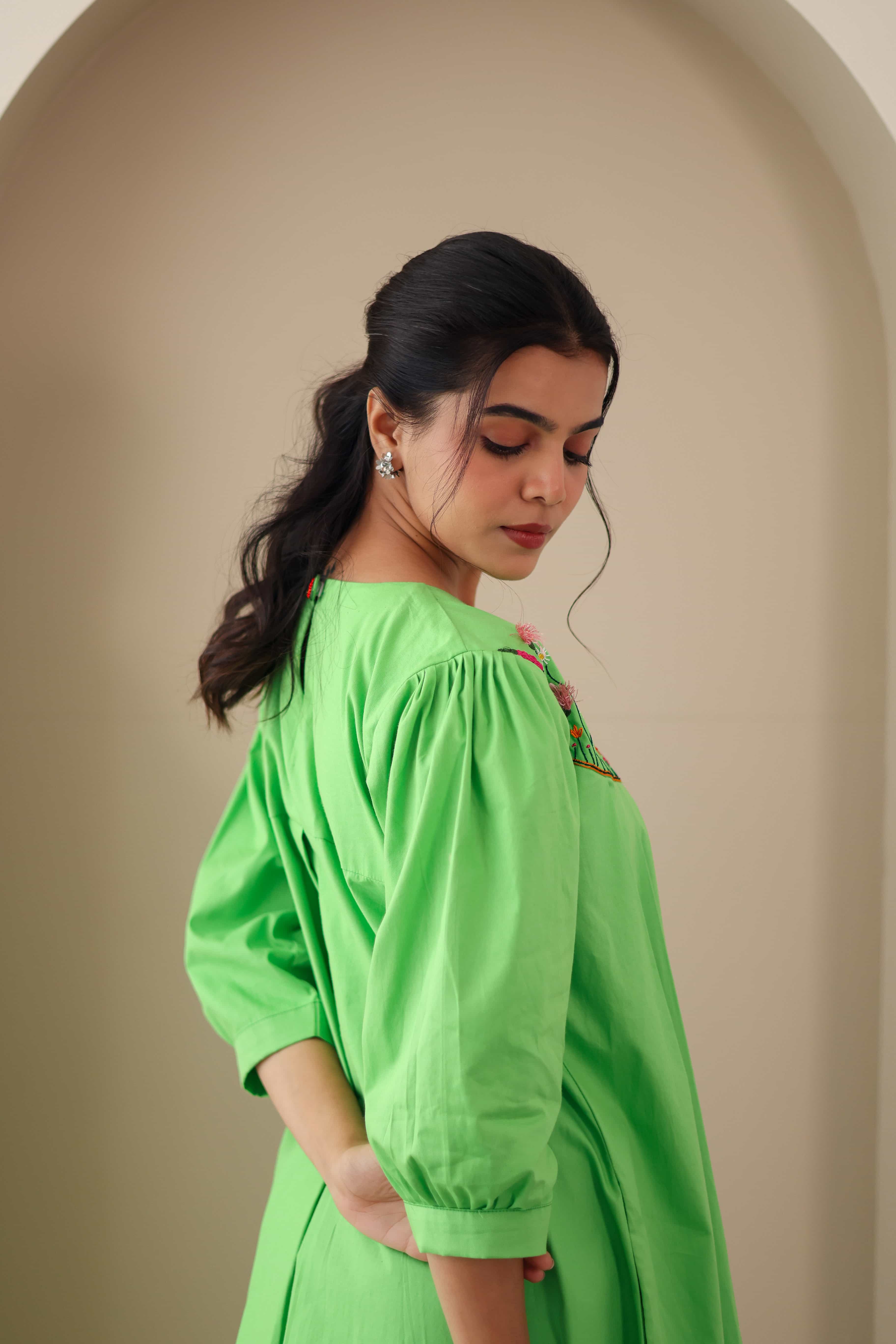 Green Embroidered Cotton Poplin Dress