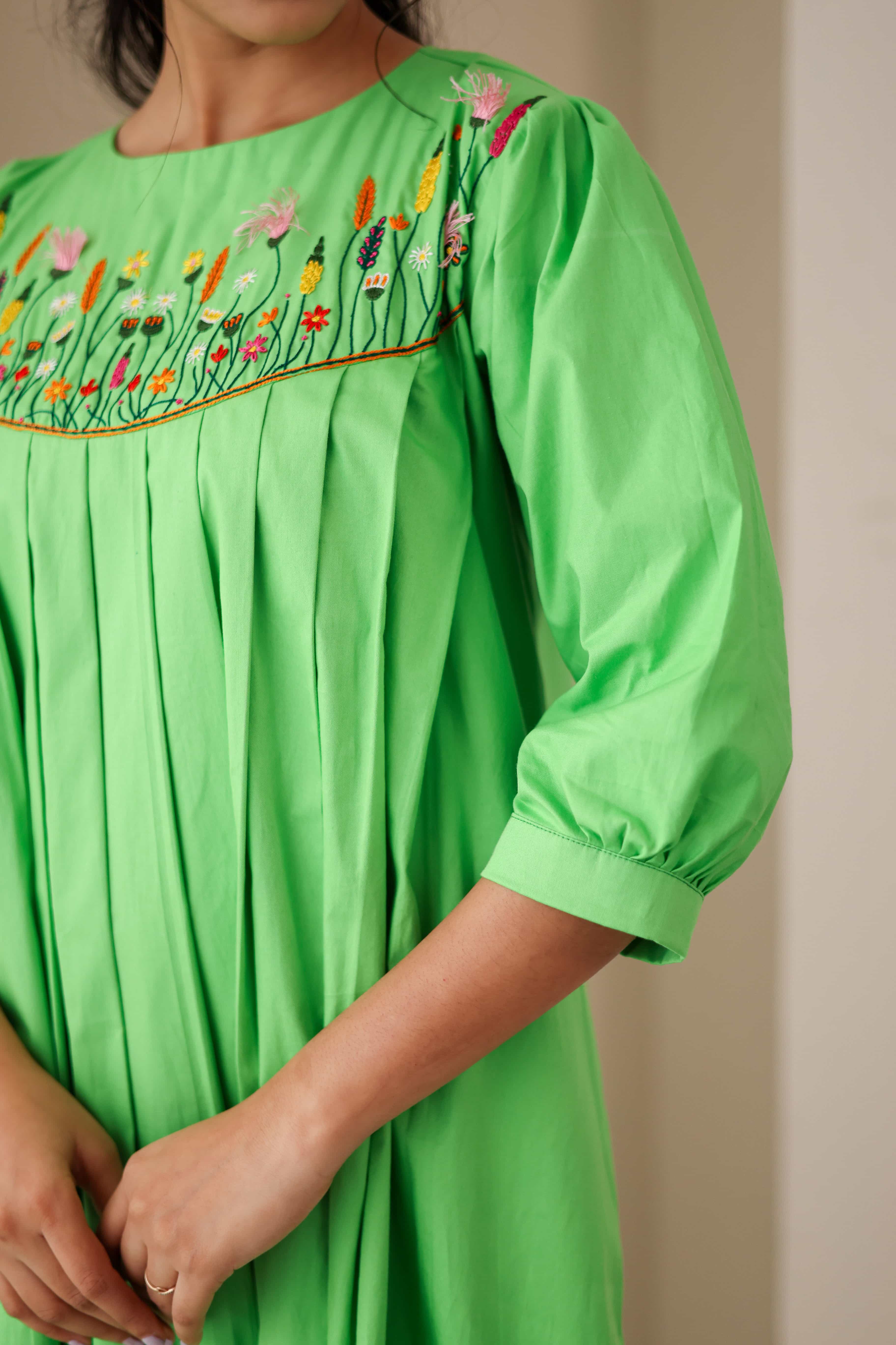 Green Embroidered Cotton Poplin Dress