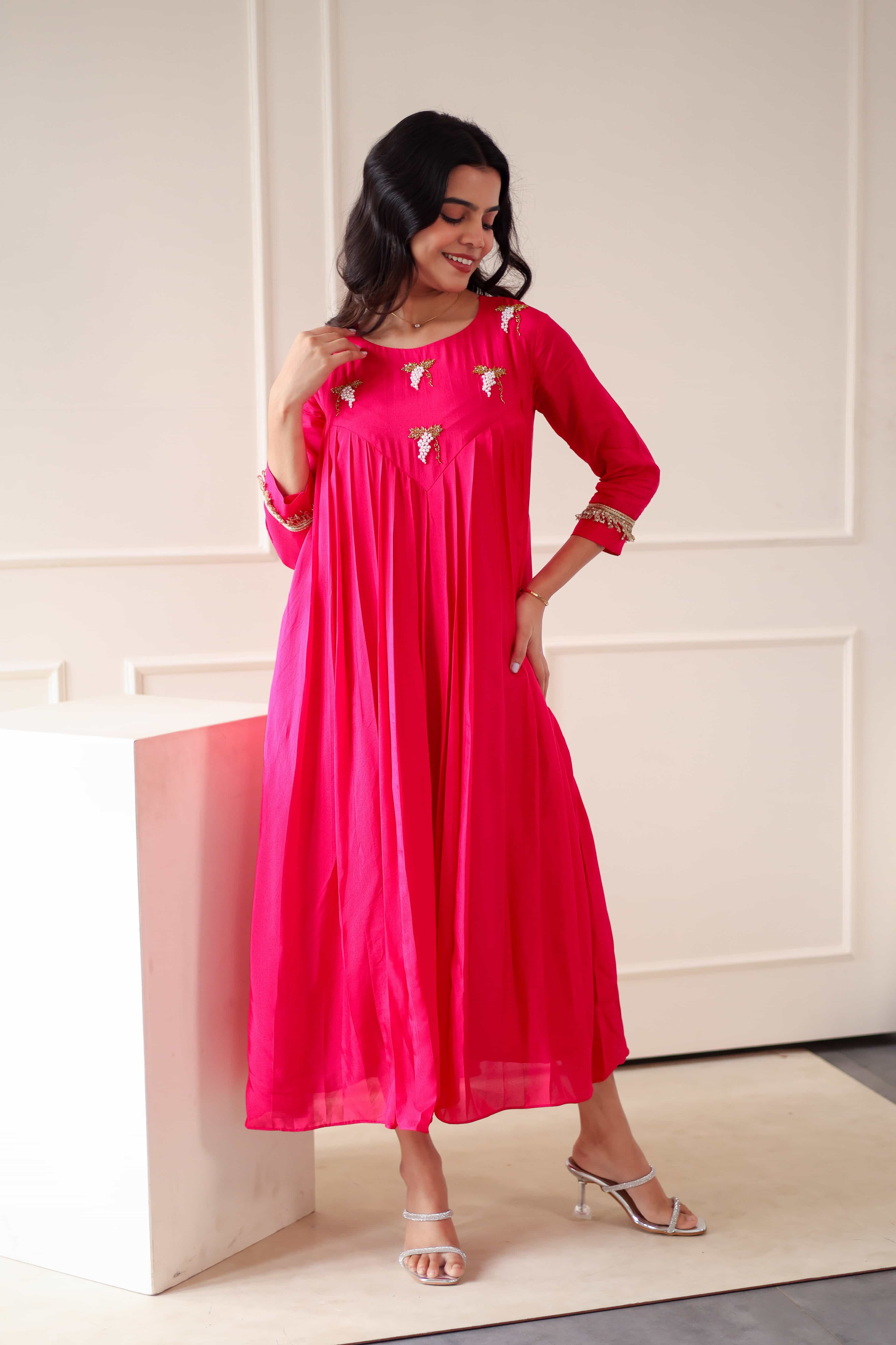 Uppada Silk Dress - Hot pink